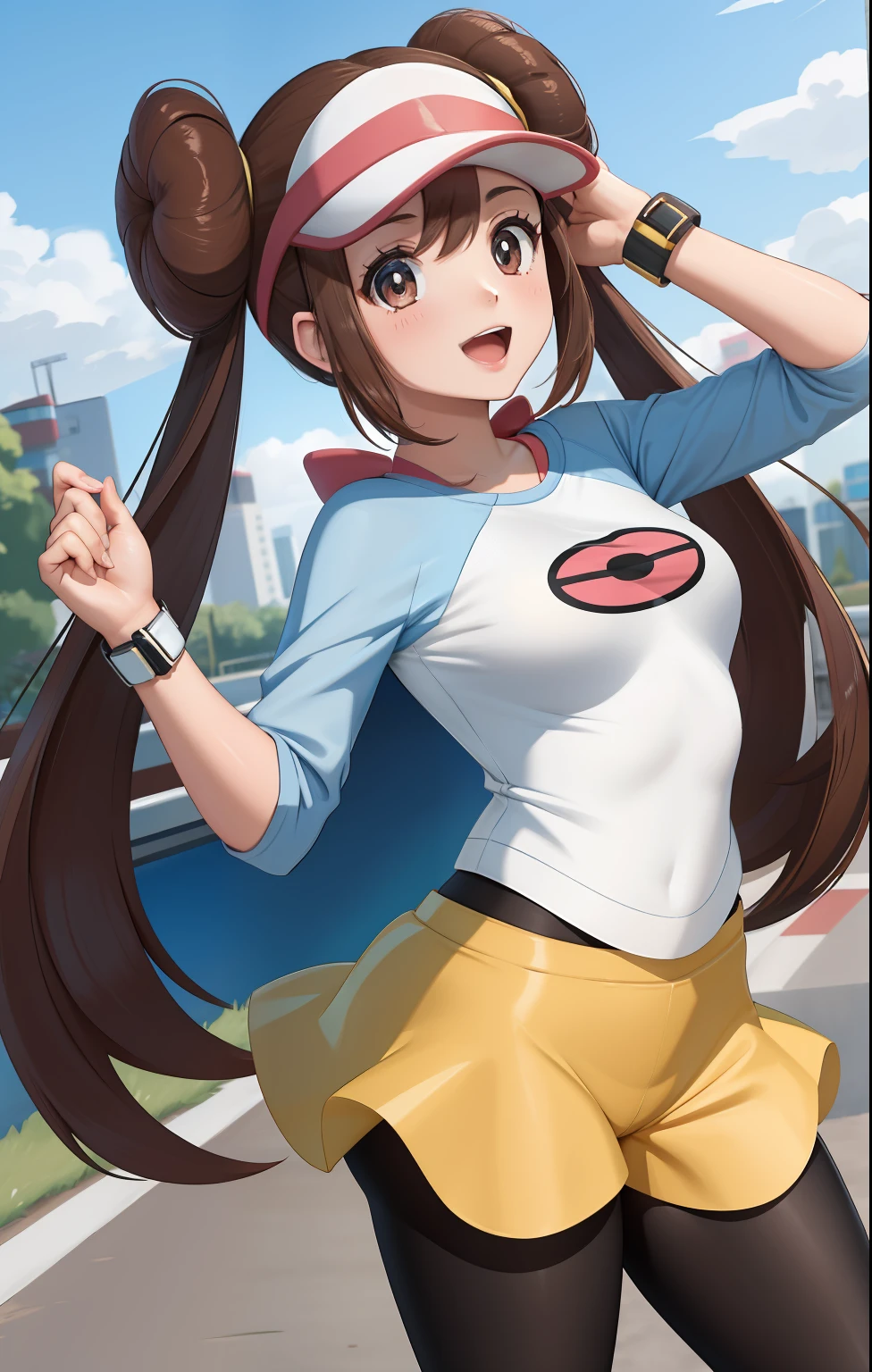 (masterpiece, best quality:1.2), 1girl, cute, cute!, rosa \(pokemon\), brown_hair, double_bun, doughnut_hair_bun, hair_between_eyes, hair_bun, highres, long_hair, nintendo, pantyhose, pantyhose_under_shorts, pokemon, pokemon_(game), pokemon_bw2, raglan_sleeves, rosa_(pokemon), shorts, sleeves_past_elbows, twintails, visor_cap, yellow_shorts, :D, landscape,