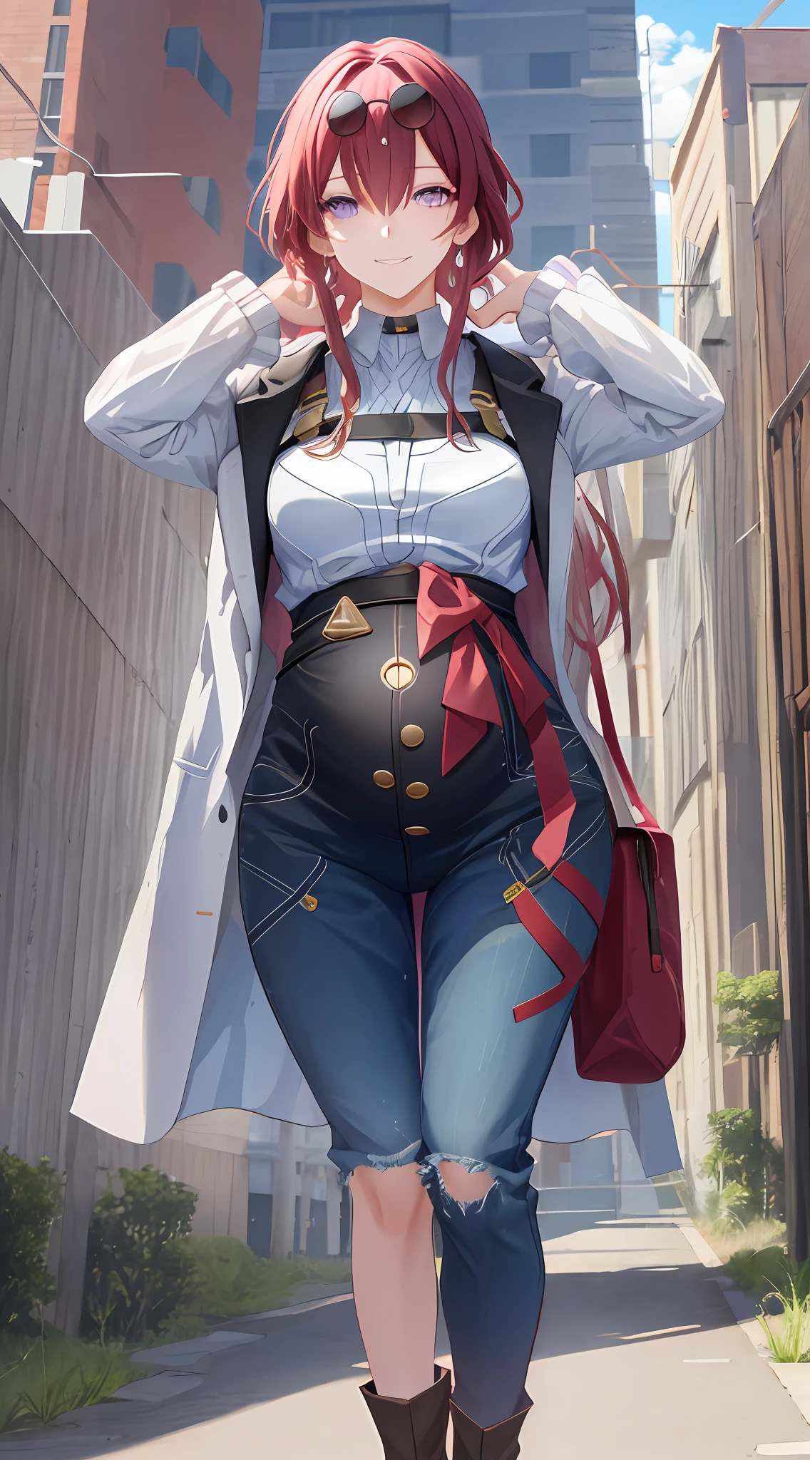 TakaRi, 独奏, 1girll, whaite hair, long whitr hair, Purple eye, ssmile, standing on your feet, dynamicposes, 8K, tmasterpiece, best qualtiy, absurderes, Perfect anatomy, cinmatic lighting, cowboy lens, (Police uniform:1.1), trouser,Pregnant belly,Pregnant belly,Cover your stomach in pain
