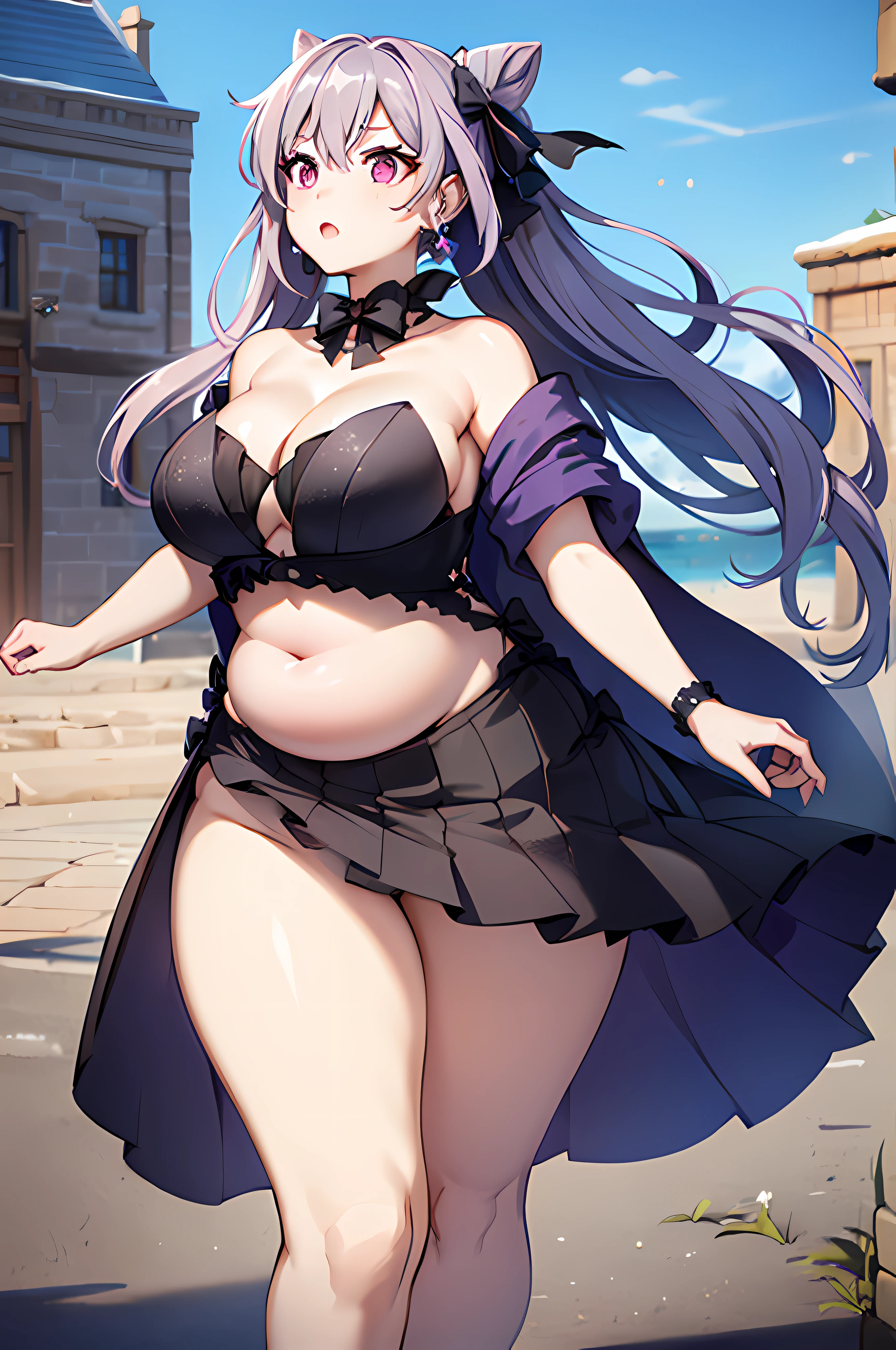 high resolucion, imagination, (Photorealistic), clear skies, Old, Sundown, (HDR:1.5), plein air, intriciate detail, ass, (Fat belly fat:1.5), (Larger fat belly button:1.4), (Muffin tops:1.3), navels, (Chubby:1.2), (plump:1.2), Belly grabbing, shapely legs, keqing (opulent splendor) (genshin impact), keqing (genshin impact), official alternate costume, one-piece, cone hair bun, natta, strapless dress, looking up at viewer, Long hair, cleavage, Black dress, hair bun, strapless, bare shoulder, purple color  hair, bangss, bow, detached collar, Purple eyes, diamond-shaped pupils, bows, double bun, twintail, Two-tone dress, tiny boobs, Hair ornaments, black bow, hair ribbons, blue dress, bowtie, Hair between eyes, (walking:1.3), daoshi