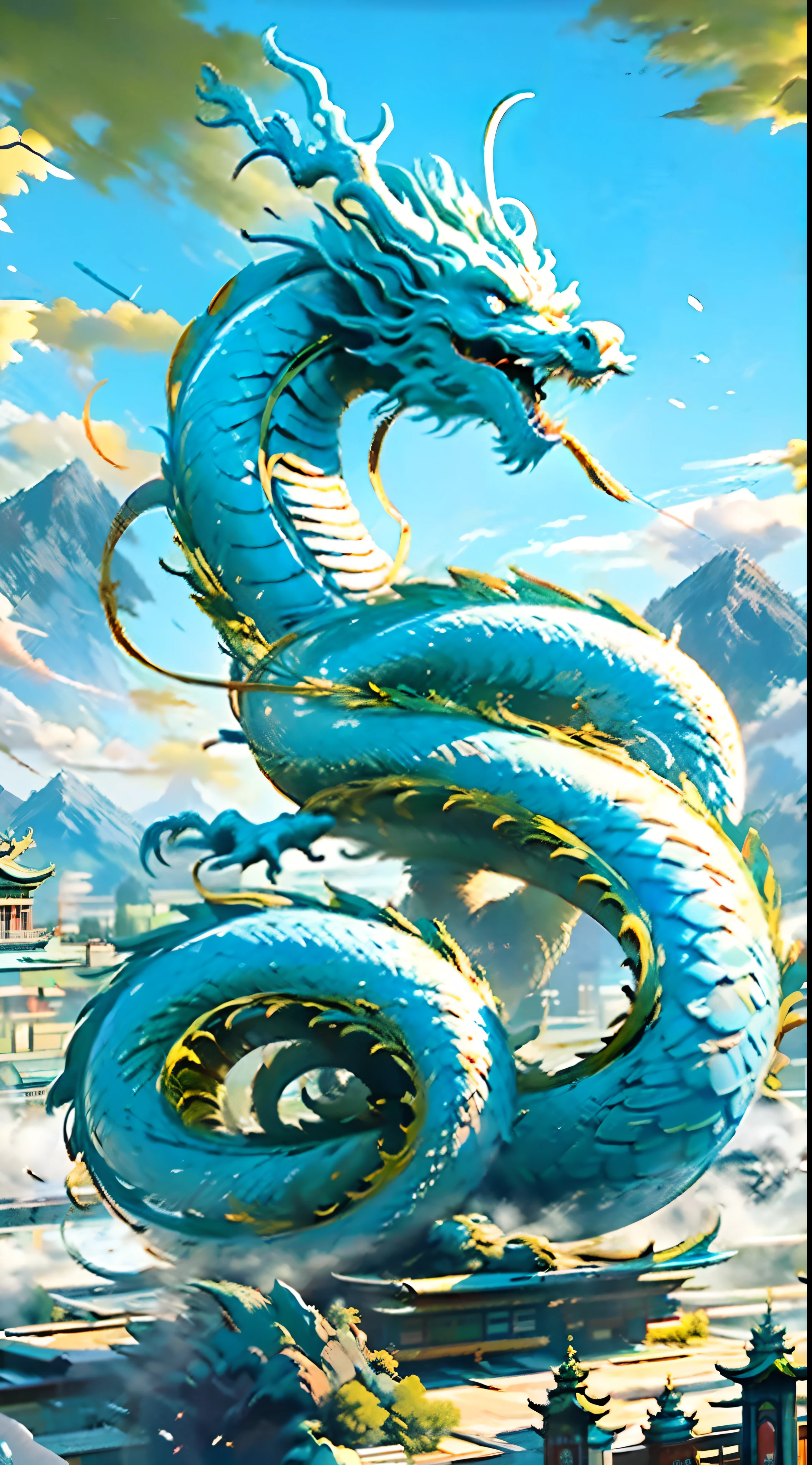 Best quality,masterpiece,ultra high res,nu no humans, (long:1.2),eastern dragon, east asian architecture, sky, architecture, outdoors, cloud, day, mountain, open mouth, blue sky, teeth, scales, sharp teeth, horns, glowing, fangs, tree, glowing eyes, pagoda, scenery