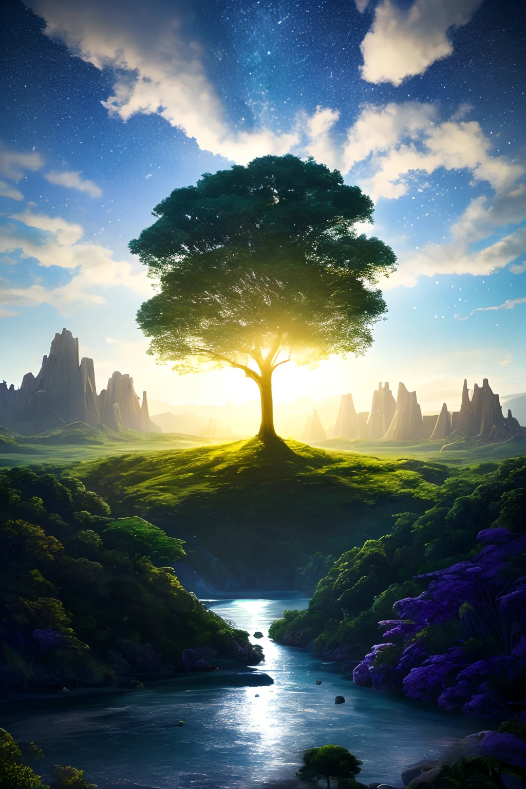 Illustration of a hyperrealistic , otherworldly, ultrasky scene featuring a giant crystal tree full body,very detailed and magical lighting, intricate forest details, vegetation and river around, solarpunk ,landscape, giant tree, beatifull leafy with beautiful lighting and realistic proportions, as if it were a cinematic background, 8k, highest quality, masterpiece, clouds and stars in the sky.