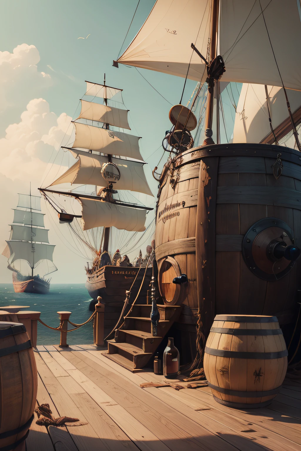 Photo of the deck of the pirate ship, There are several barrels and saxophones. High resolution 8K with digital paint art.
