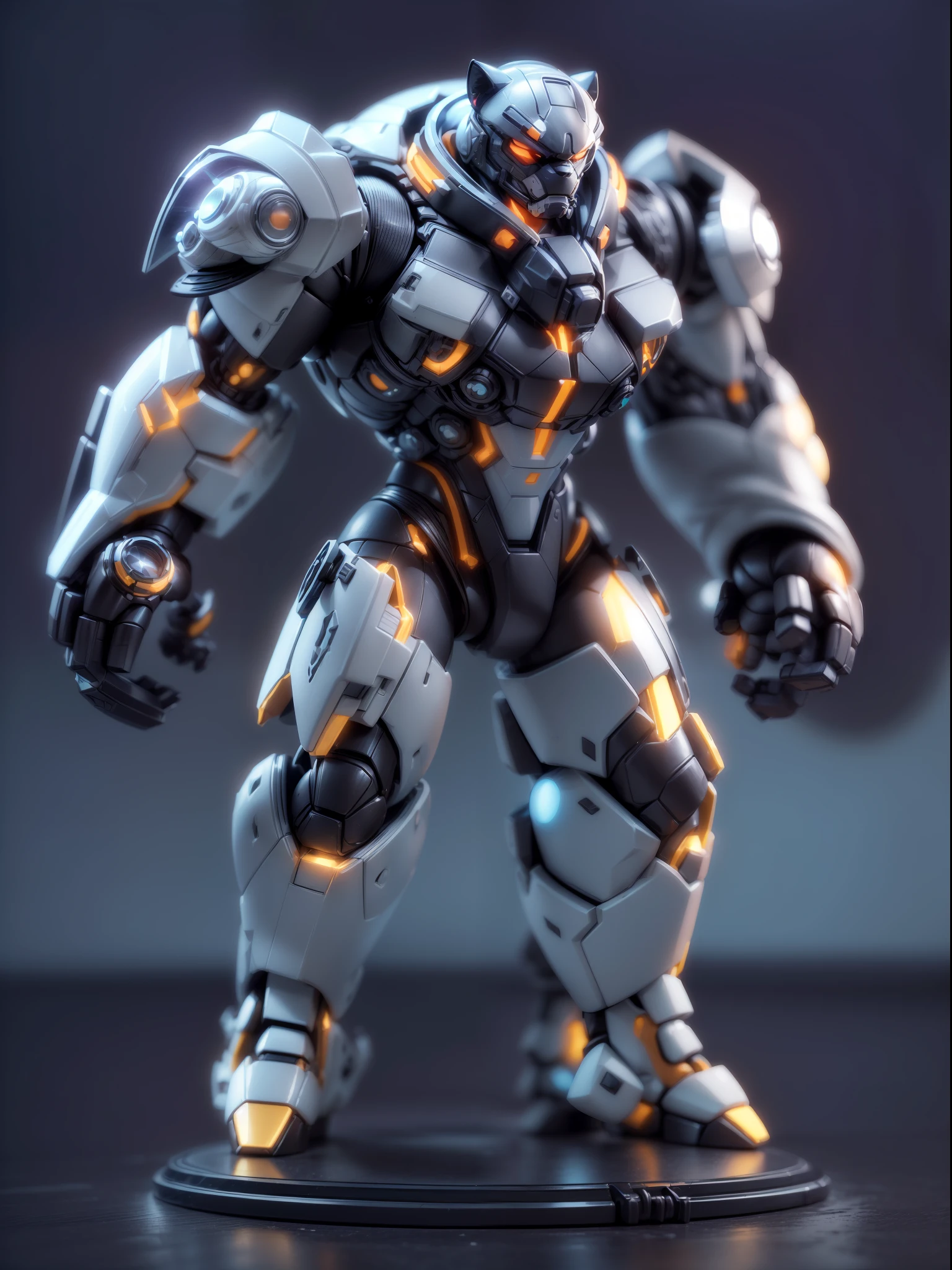 (Blind box toy style:1.3),((Full body shot))(anthropomorphism) , (1 strong panther  mecha warrior)(((solo))) metal mecha,dreamy glow, Clean dark background,black silver style，(circular base）( Global illumination, Ray tracing, hdr, unreal render,reasonable design, high detail, Masterpiece, Best quality, hyper HD, Cinematic lighting)