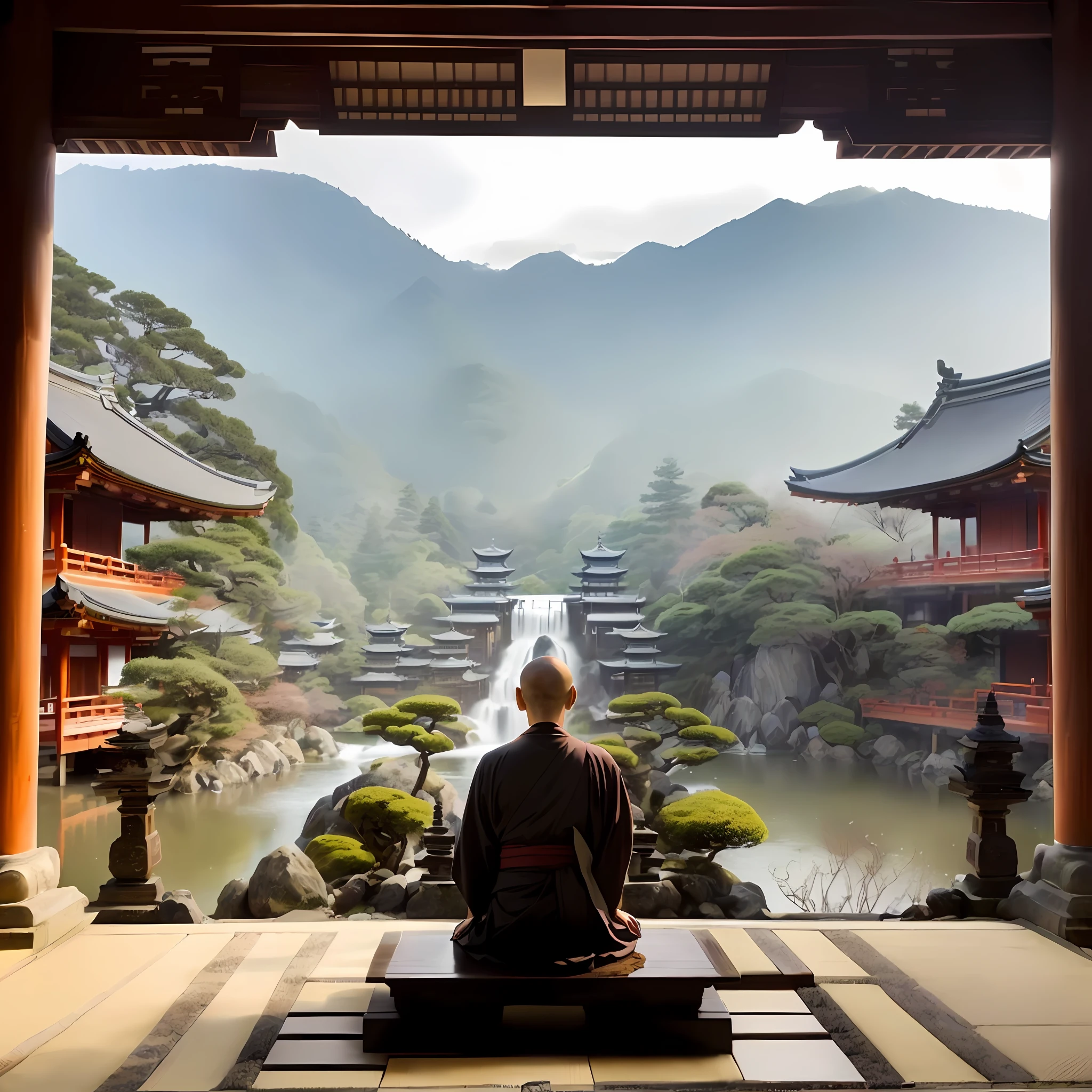 arafed man sitting on a bench in front of a waterfall, zen temple background, japanese temple, taoist temples and monks, floating in a powerful zen state, japanese temples, buddhist architecture, buddhist temple, in front of a temple, japan travel aesthetic, standing in a buddhist temple, kyoto inspired, monk meditate, japan deeper travel exploration, zen meditation