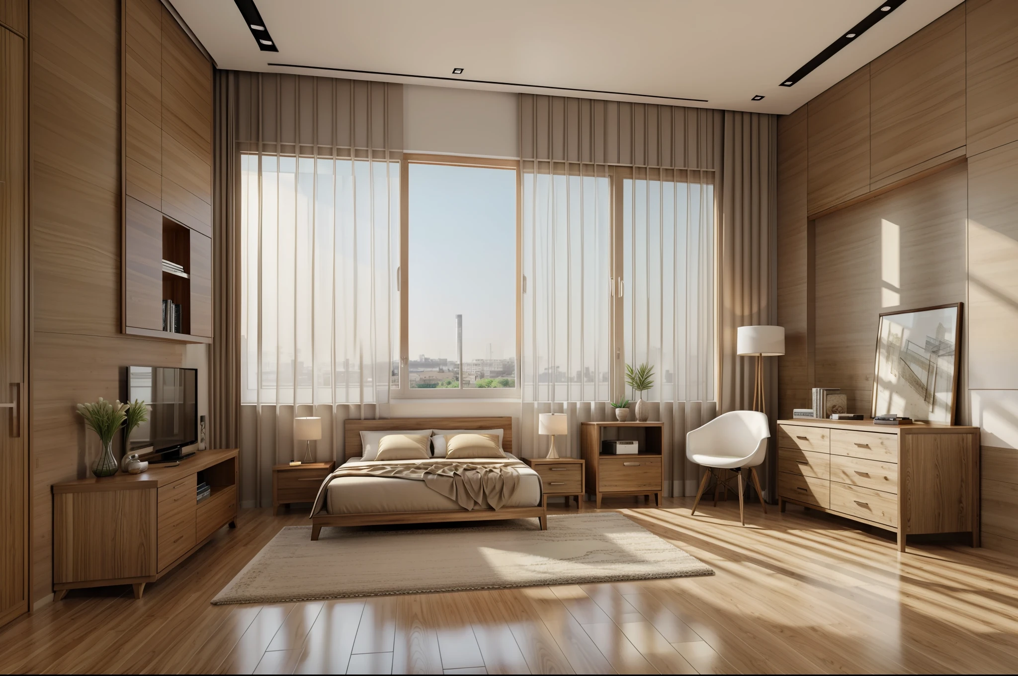 Masterpiece, high quality, best quality, authentic, super realistic, super detail, interior,modern bedroom, rug,wooden floor,window,curtains,daylight,vray