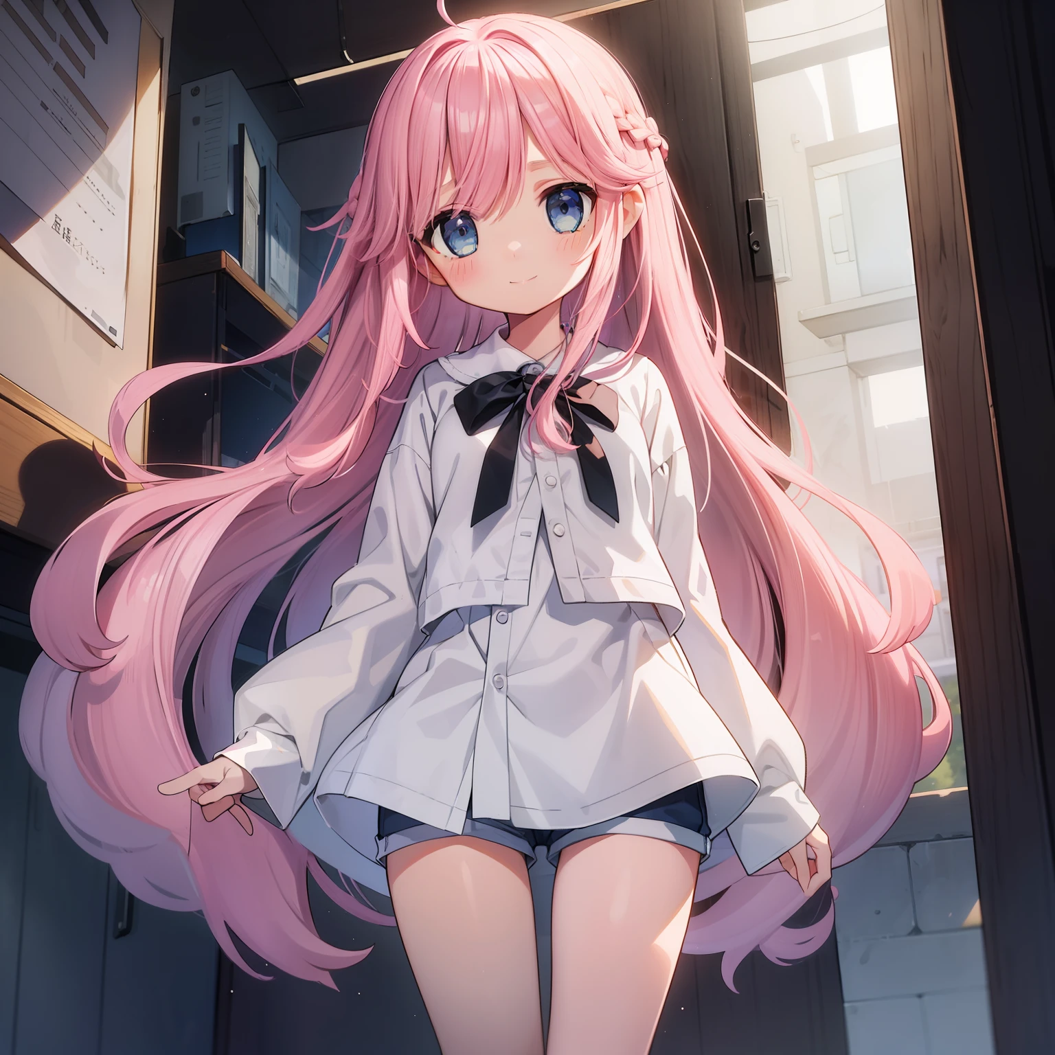 Beautiful illustration, Best Quality, (12-year-old girl)、(cute petit girl),Lori、(Tunic layered on chino shorts)、Tunics are white、(Chino shorts are pink)、Thighs visible through the gap in shorts、Thigh gap、 Beautiful blue eyes, Cinematic lighting,A slight smil,(Long pink hair)、Braiding of the occipital part、Occipital１2 large black ribbons