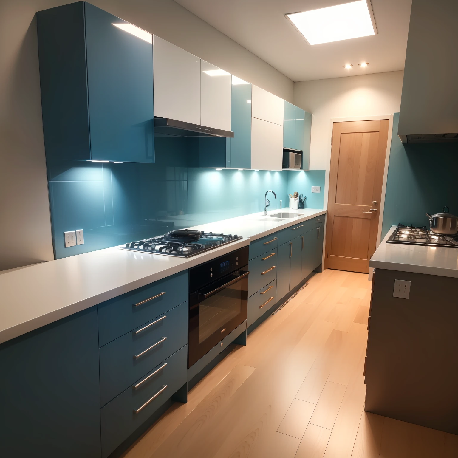 cozinha, Design Criativo, bespoke furniture in MDF blue siren weft and MPF Pau Ferro natural. ultra qualidade, melhor qualidade, 4k, creative and functional kitchen cabinet, minimalismo, estilo luxo, Marmore Bench, ilustre, Uplighting, moderno.