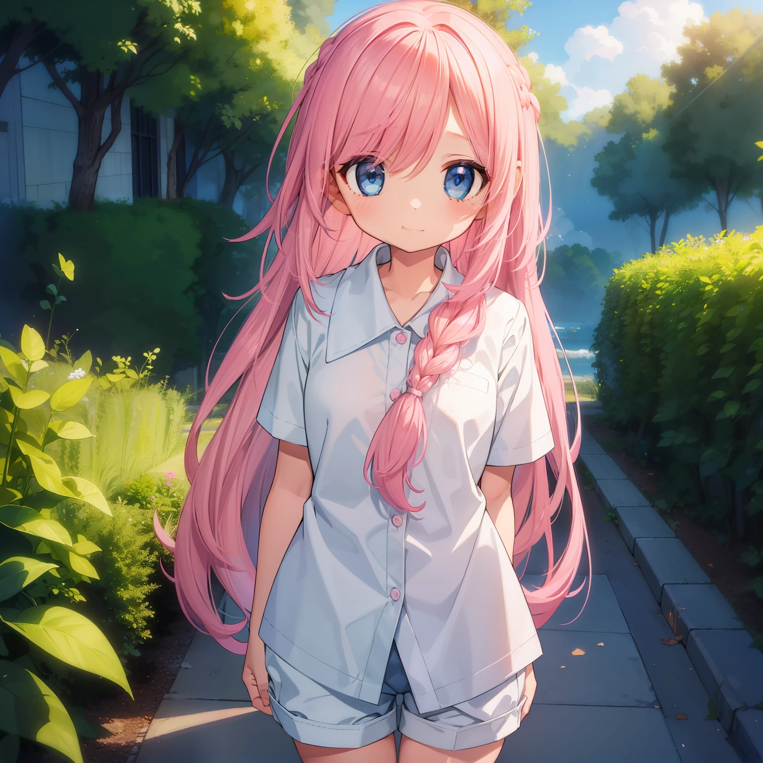 Beautiful illustration, Best Quality, (12-year-old girl)、(cute petit girl),Lori、(Tunic layered on chino shorts)、Tunics are white、(Chino shorts are pink)、Thighs visible through the gap in shorts、Thigh gap、 Beautiful blue eyes, Cinematic lighting,A slight smil,(Long pink hair)、Braiding of the occipital part、Occipital１2 large black ribbons