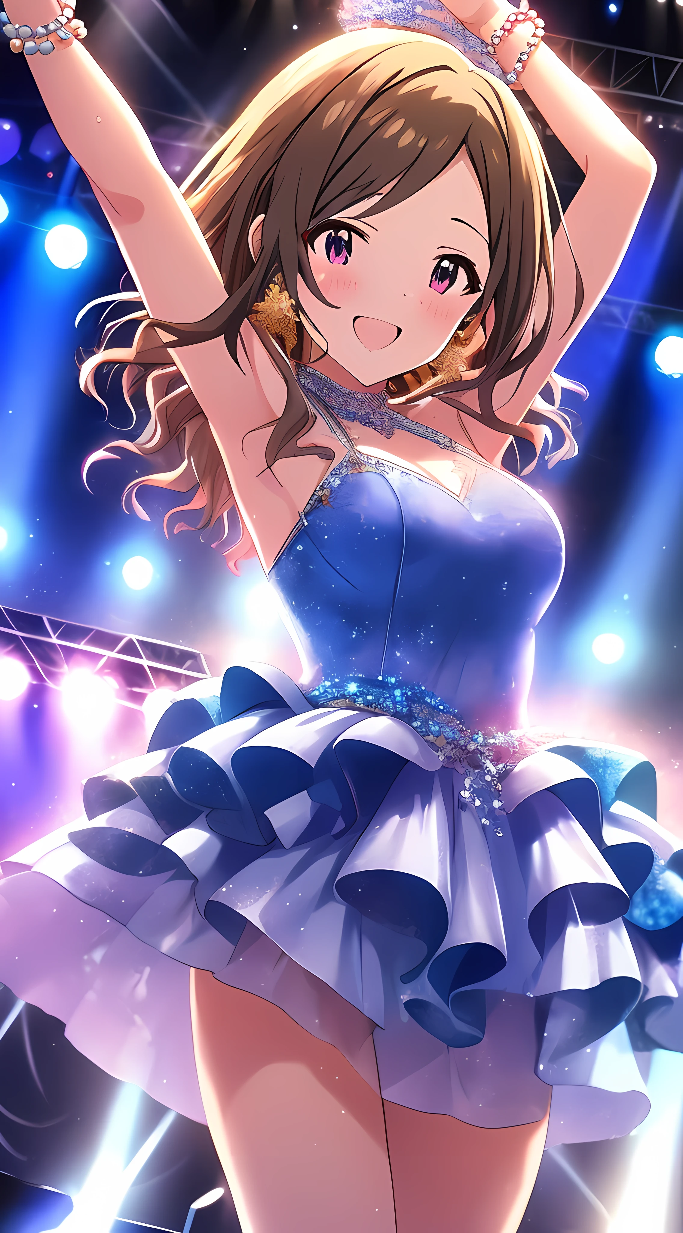 {masutepiece}, ((Best Quality)), hight resolution, {{Ultra-detailed}}, Cinematic lighting, {extremely details CG}, {8k wallpaper},Cute,Idol,On stage,Dancing,Girl in blue and white dress, wearing a dress made of stars, wearing a dress made of beads, idolmaster, concert,spot light