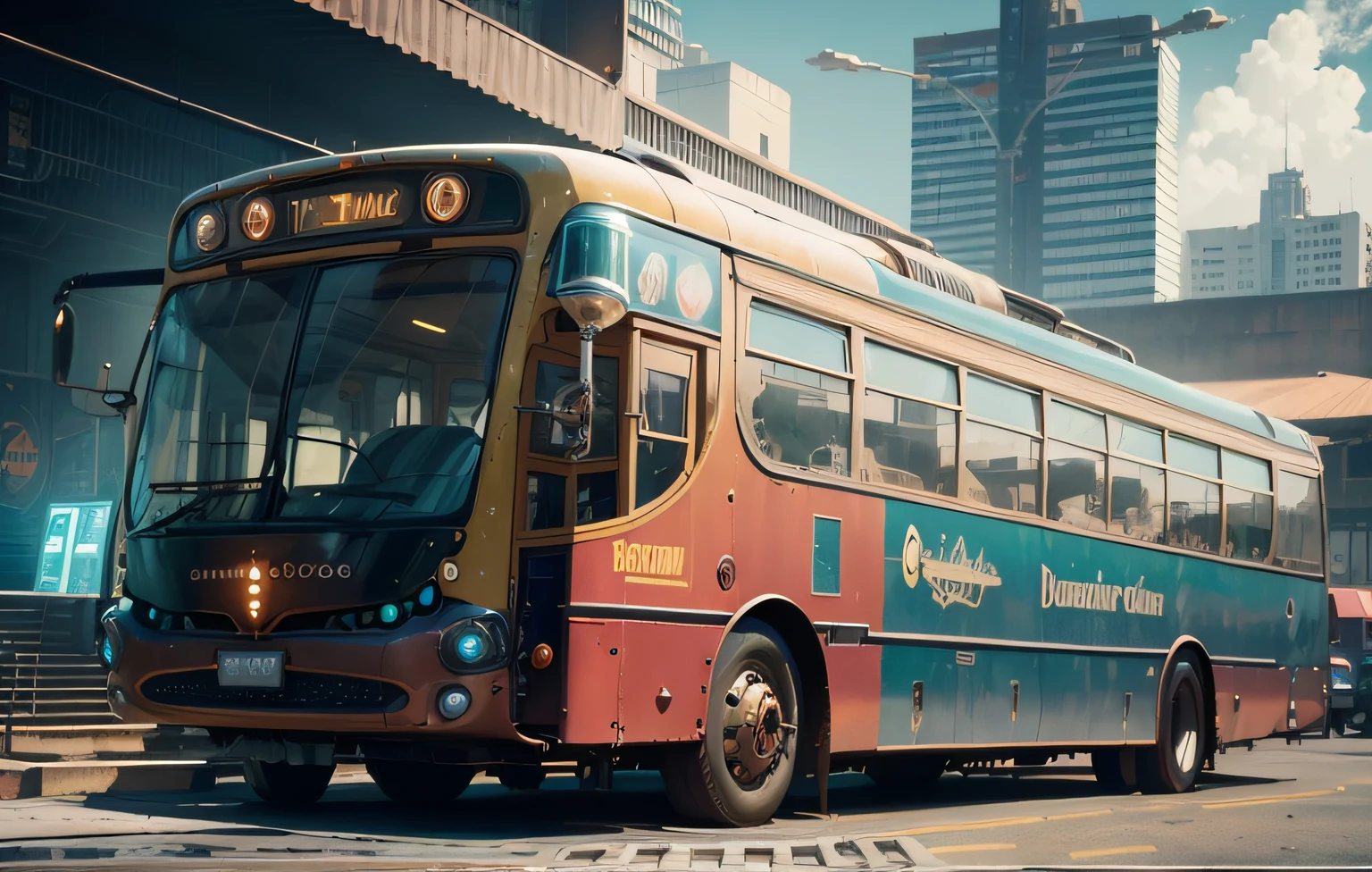 futuristic bus, brancos de fundo, Corpo Steampunk, detalhes intrincados, Magnificent, cinemactic, high resolution, 4k,