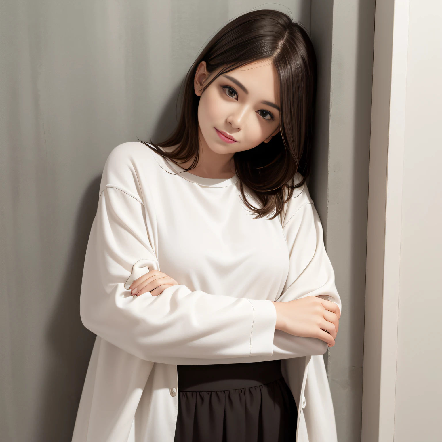 1 woman,Fold your arms together,standing against the wall,Housewear,Relaxed expression,The head is slightly tilted to the right