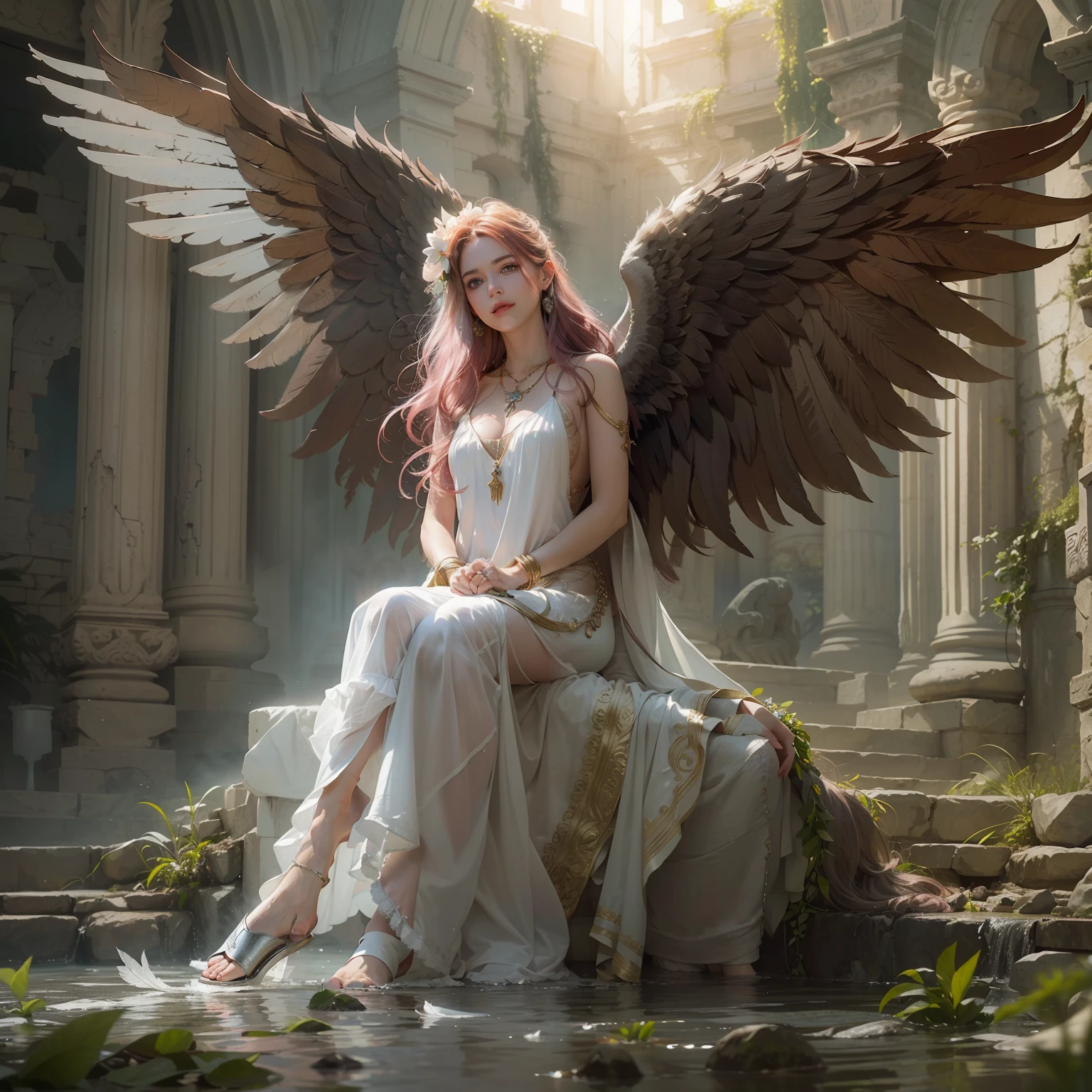 (Numerous award-winning masterpieces of, With incredible details, textures and maximum detail), ((full-body standing image)), (Ultra photo realsisim:1.4), (Realistic:1.3), (up of the upper body:0.3), (best quality real texture skin), (Fine true circle Symmetrical eyes), (Beautifully drawn beautiful face,) (A ring of divine radiance overhead:1.5), ((medieval world)), ((((black angel of the Lord, white angel of the Lord)))), ((full-body portraits)), (Beautiful kind eyes), (She has a mischievous smile on her face), (Colorful eyes are full of sympathy), Shining majestic cloud masses and sky, (halo optical phenomenon), (Angels dancing in the background), (Dramaticlight), (A majestic sight), (Her expression was serene and full of tenderness，Tremendously beautiful), ((large wings，There are pure white feathers behind the shoulders)), (((Folded wings))), Glass earrings on the ears, (((Dramatic photo))), (Twilight), (Sunset), (Dusk), (Divine pose), (Golden hair), (Silver hair), (maroon hair), short detailed hair, ((head looking up)), ((Looking down)), ((gives full-body standing image)), (Around her neck is a simple necklace of exquisite workmanship), Old ruins infested with plants, great temple, great cathedral, Temple ruins, detached temple, (Luminous magic circle), Ancient Castle Site, Deserted ruins, crumbling ruins, Ancient ruins with clear water, wavelets, running water, holy rays, epic realistic, ((com cores neutras)), (hdr:1.5), (pastel colour:1.2), ultra - detailed, Cinematic, warm lights, Dramaticlight, (Intricate details:1.1), the complex background,