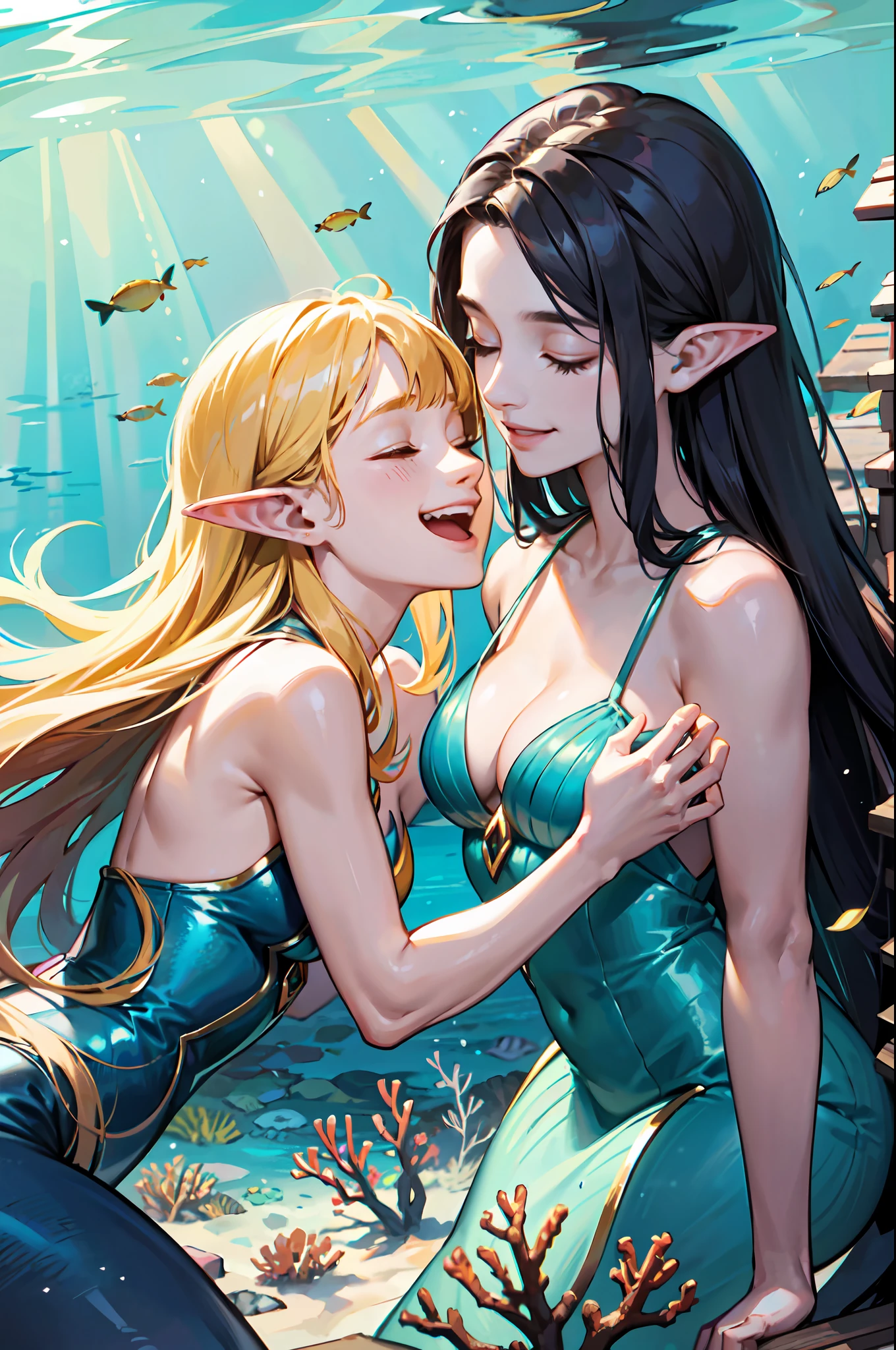 (absurdres, highres, ultra detailed, realistic) Two adorable mermaids with elf ears, their laughter echoed through the underwater kingdom. They danced gracefully among colorful coral reefs, their tails shimmering in the sunlight. Unaware of the human world above, they found solace in their enchanting realm. With their friendship as deep as the ocean, they explored secret caves and discovered hidden treasures. Their laughter filled the sea, a melody that enchanted all who heard it. No humans could compare to the magical bond they shared, for their love was pure and eternal.