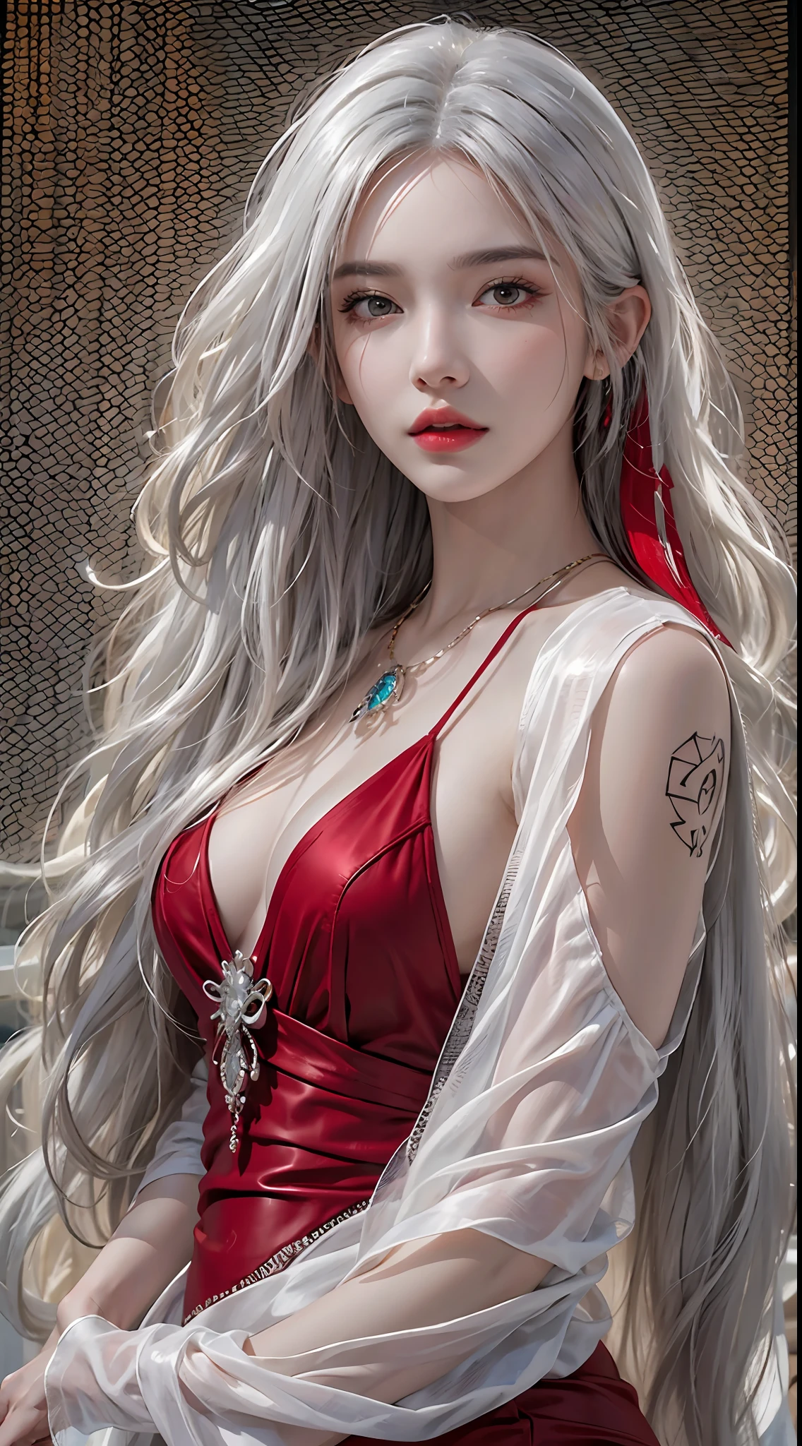 photorealistic, high resolution, 1women, solo, hips up, look at viewer, (detailed face), white hair, long hair, red elegant dress, jewelry, tattoo
