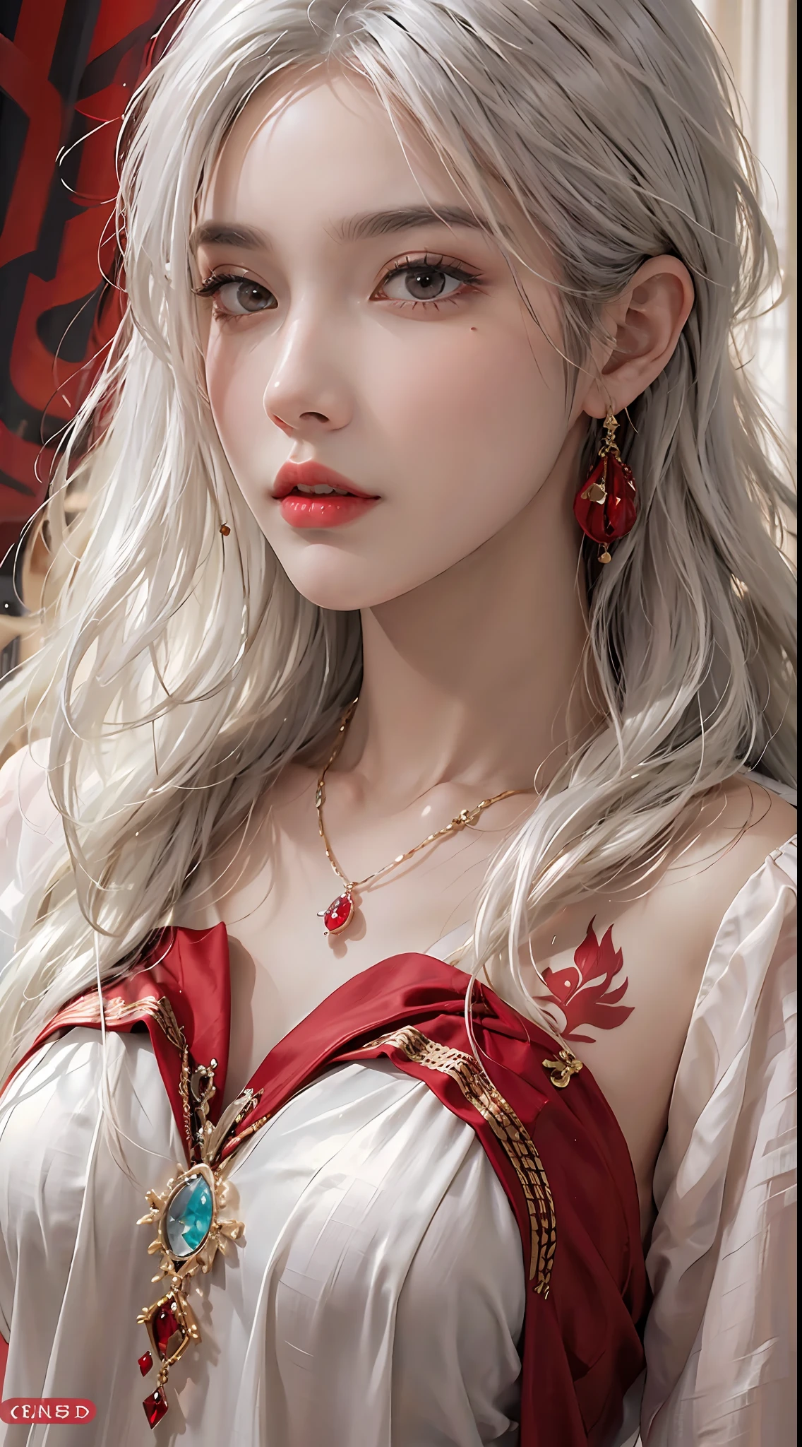 photorealistic, high resolution, 1women, solo, hips up, look at viewer, (detailed face), white hair, long hair, red elegant dress, jewelry, tattoo