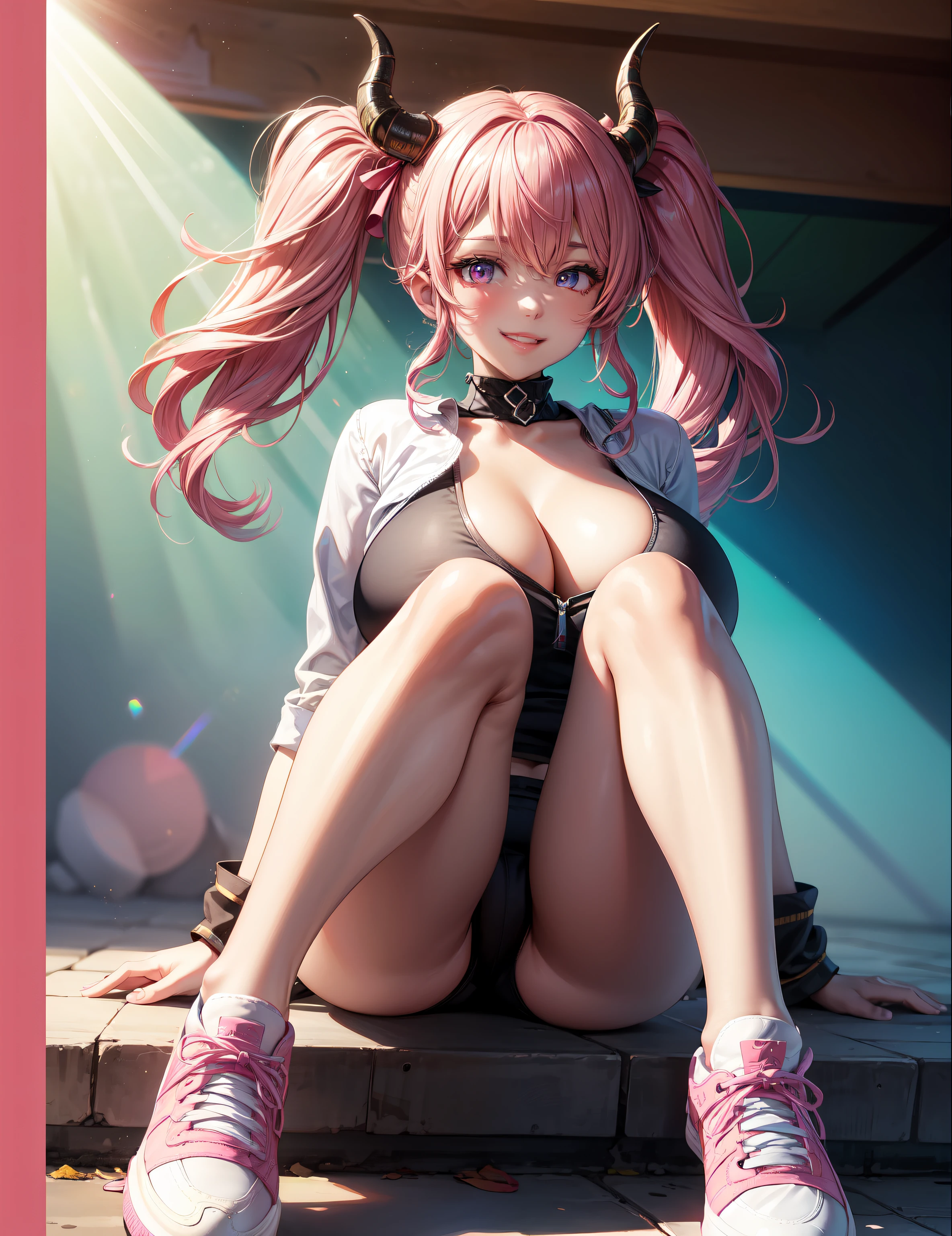 4k, twin tails ,Lens flare, pink hair ,mascara, eyeliner, god rays, 4k, 8k, best quality, masterpiece, hyper detailed, intricate detail, 1girl, solo, detailed, Detailed fuschia hair ++, detailed pink eyes ++, raytracing, perfect shadow, highres, enhanced eyes, huge breasts, horns, seductive, hyper detailed, interesting background, , detailed face, volumptuous, colourful background, Putting on Colorful Sneakers with a Grin, sneakers, perfect feet, feet
