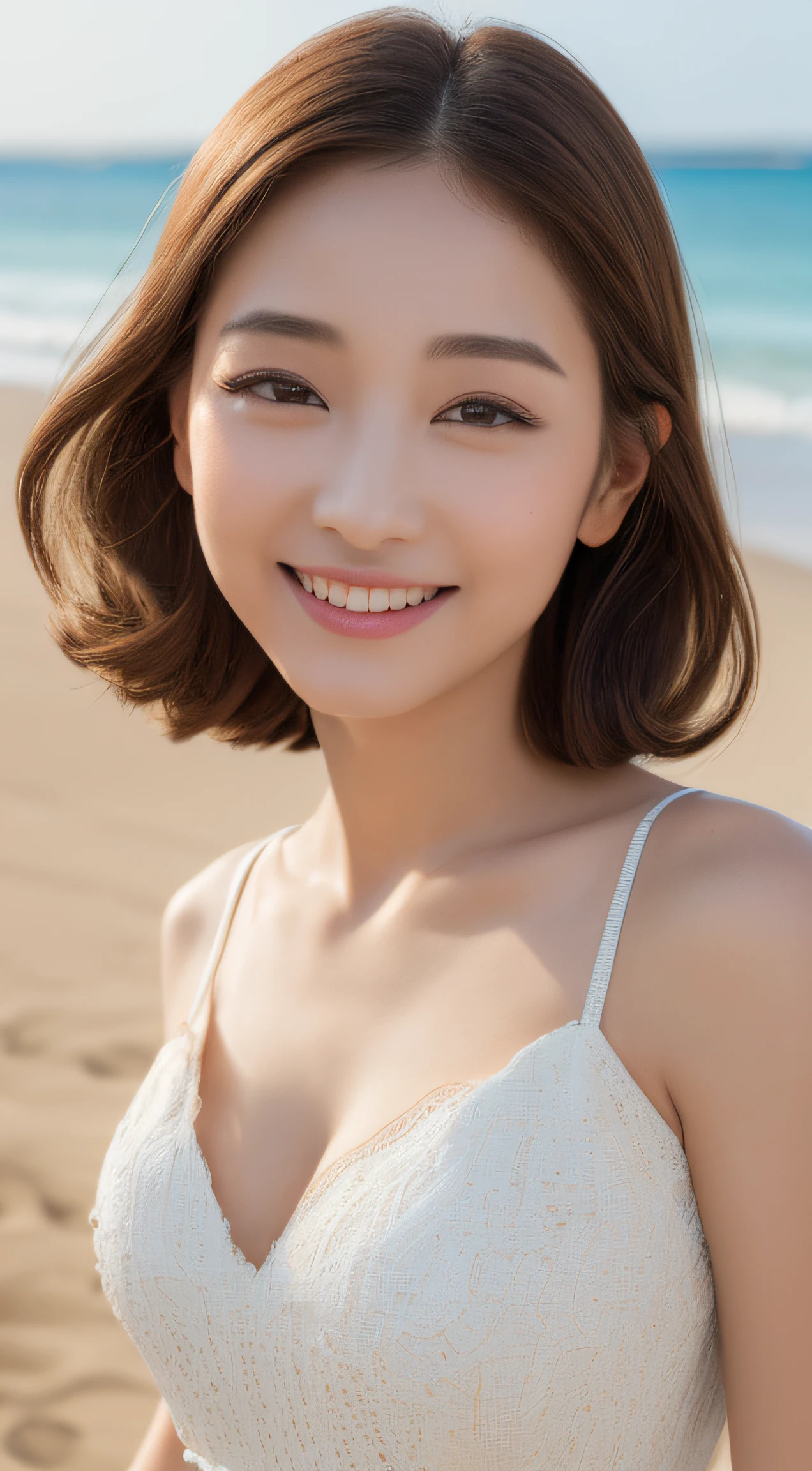 ((top-quality、8K、masterpiece:1.3))、1girl in、Slim Abs Beauty:1.3、(Hairstyle Casual、huge tit:1.2)、qipao dress:1.1、Super fine face、Delicat eyes、二重まぶた、a smile、sand beach