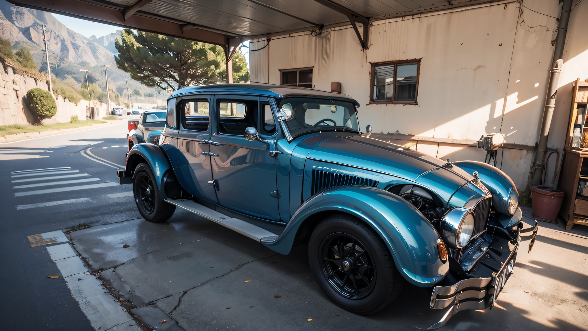 1920s silver car, ((super rrealista: 1.2)), Hi-Def, detallado, 8k