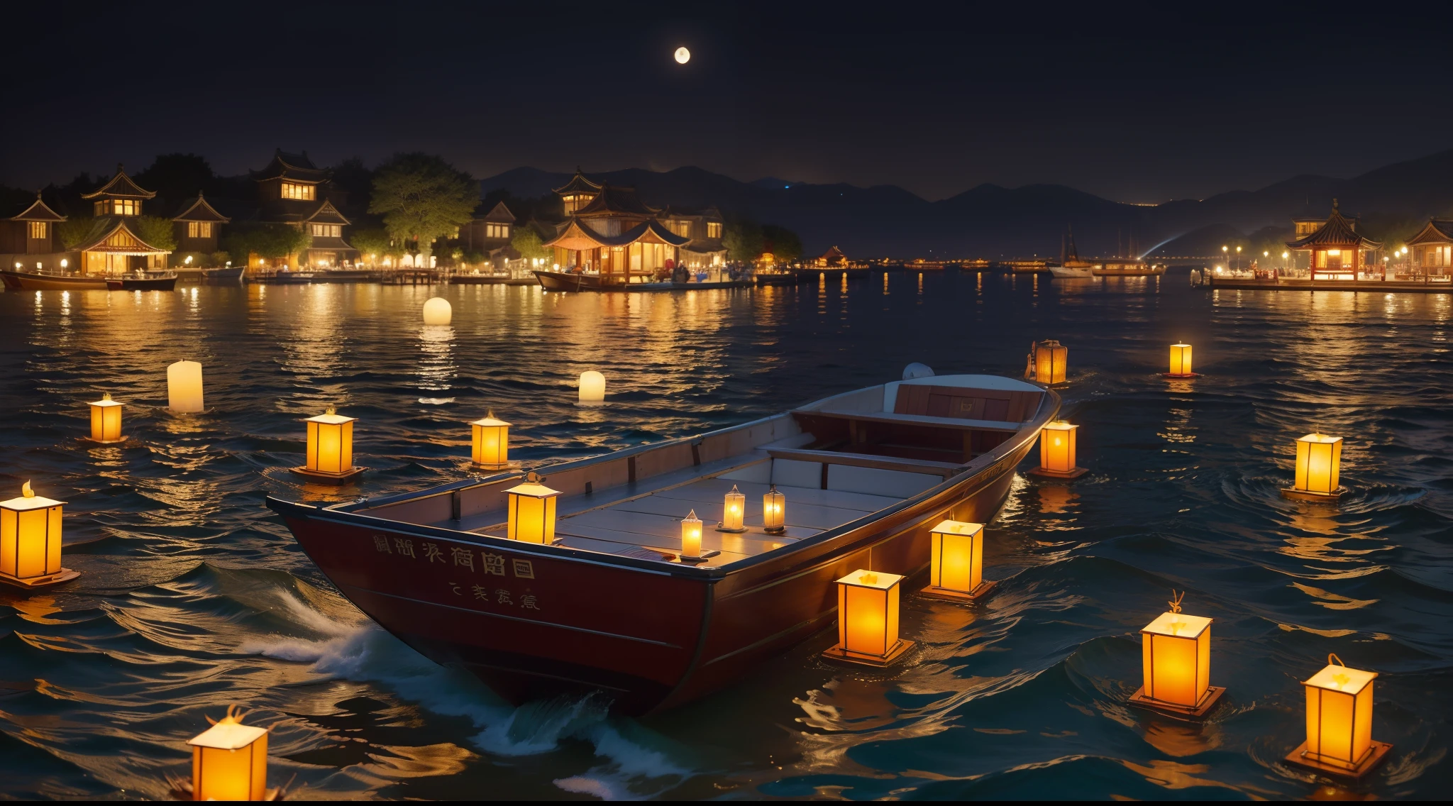 There are many lighted candles floating on the boat on the water, Floating Lantern, Floating Candles, floating lights, Floating lampoon, Floating Chinese lampoon, lit with candles, float under moon light at night, glowing lanterns, Shining water, With lantern, Boat with ramp, Floating embers, lanthanum, peaceful ambiance, Unreal Engine ; romantic theme