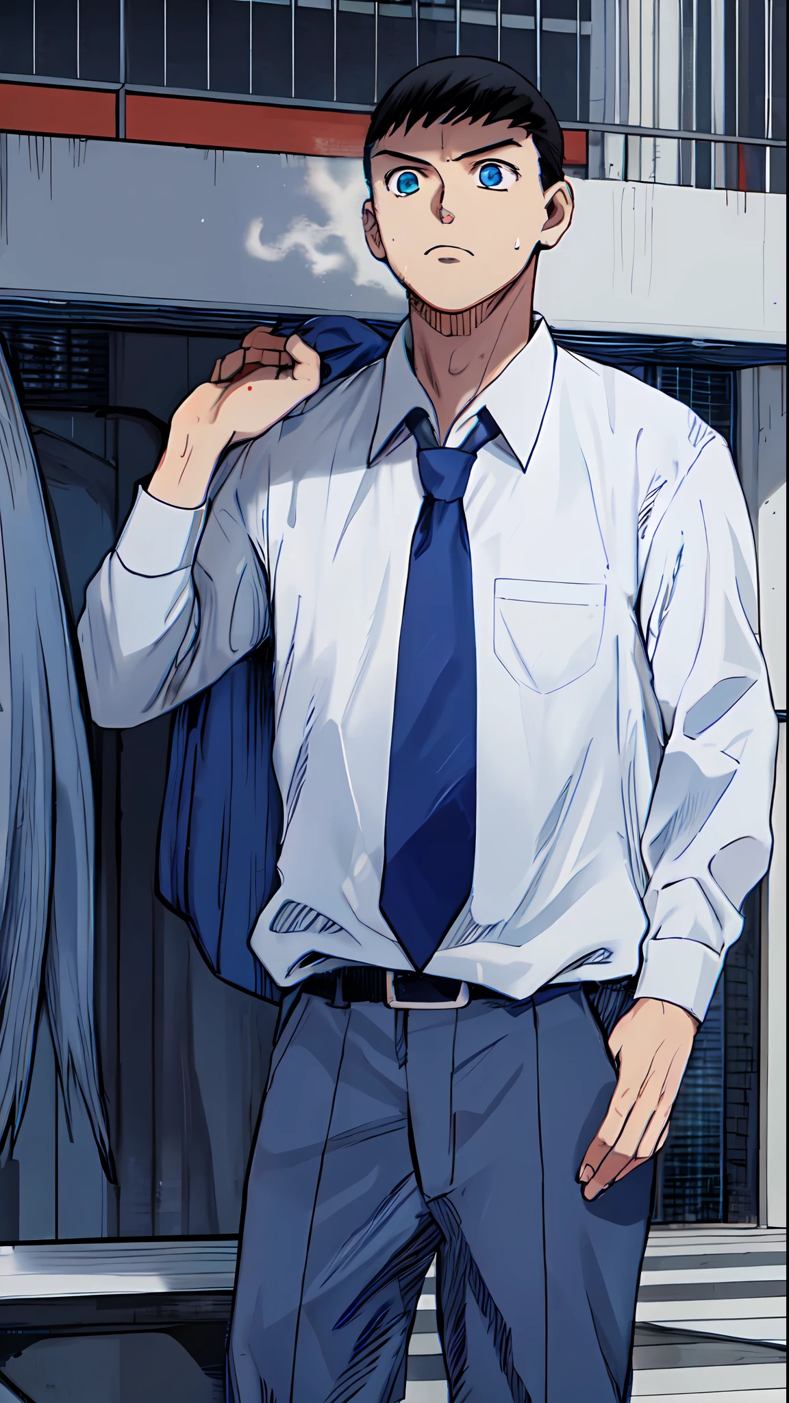 a anime of a boys manga, black hair color, blue eyes, arrogant, blue tie and trousers, white shirt, sweat, text manga, color manga, manga color, color manga, color manga panel, simple background