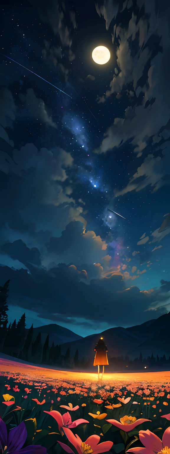 Vast landscape photo, (viewed from below, the sky is above and the open field is below), a girl standing on a flower field looking up, (full moon: 1.2), (meteor: 0.9), (nebula: 1.3), distant mountains , Trees BREAK Crafting Art, (Warm Light: 1.2), (Fireflies: 1.2), Lights, Lots of Purple and Orange, Intricate Details, Volumetric Lighting, Realism BREAK (Masterpiece: 1.2), (Best Quality), 4k, Ultra-Detailed, (Dynamic Composition: 1.4), Very Detailed, Colorful Details, (Rainbow Colors: 1.2), (Glow Lighting, Atmospheric Lighting), Dreamy, Magical, (Solo: 1.2)