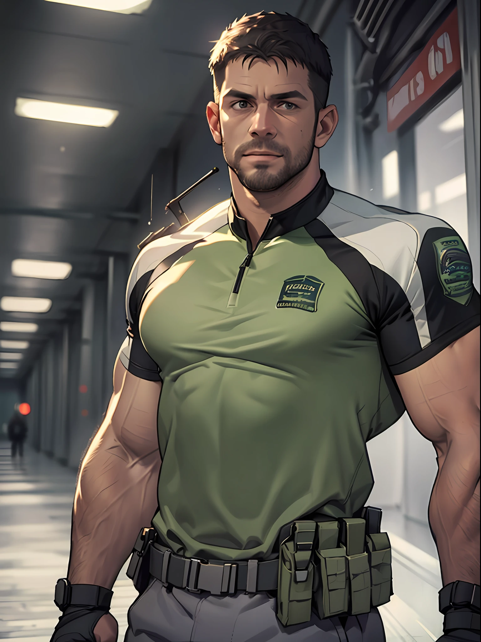 1 man, solo, 35 year old, Chris Redfield, wearing green T shirt, smirks, white color on the shoulder and a bsaa logo on the shoulder, millitary tactical suit, tall and hunk, biceps, abs, chest, best quality, masterpiece, high resolution:1.2, upper body shot, dark black gloomy hallway in the background, detailed face, shadow, volumetric lighting, center focus, low camera angle