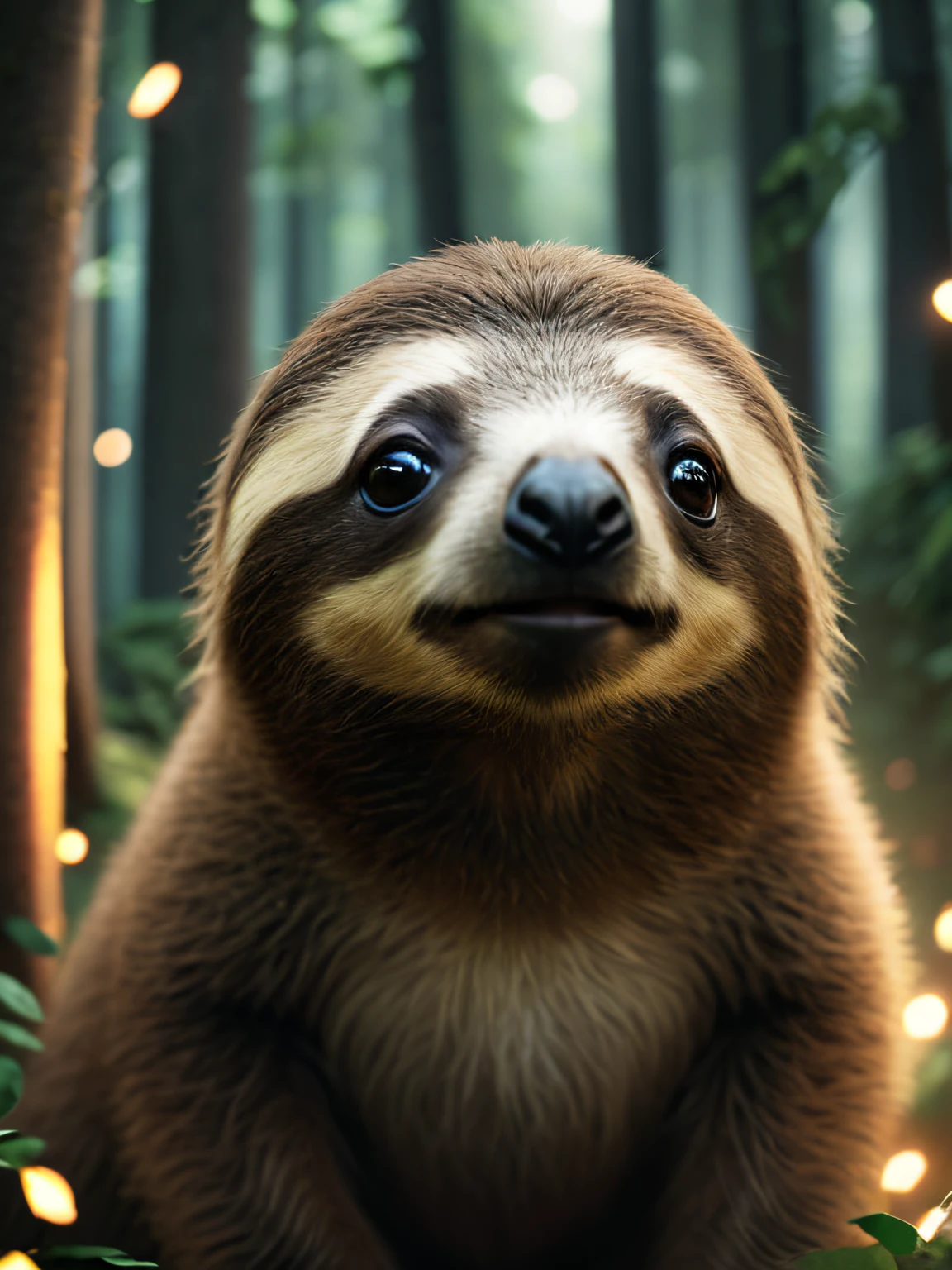 close-up photo of a very cute sloth in the forest, soft volumetric lights (retroiluminação: 1.3), (kinematics: 1.2), detalhes intrincados (ArtStation: 1.3)