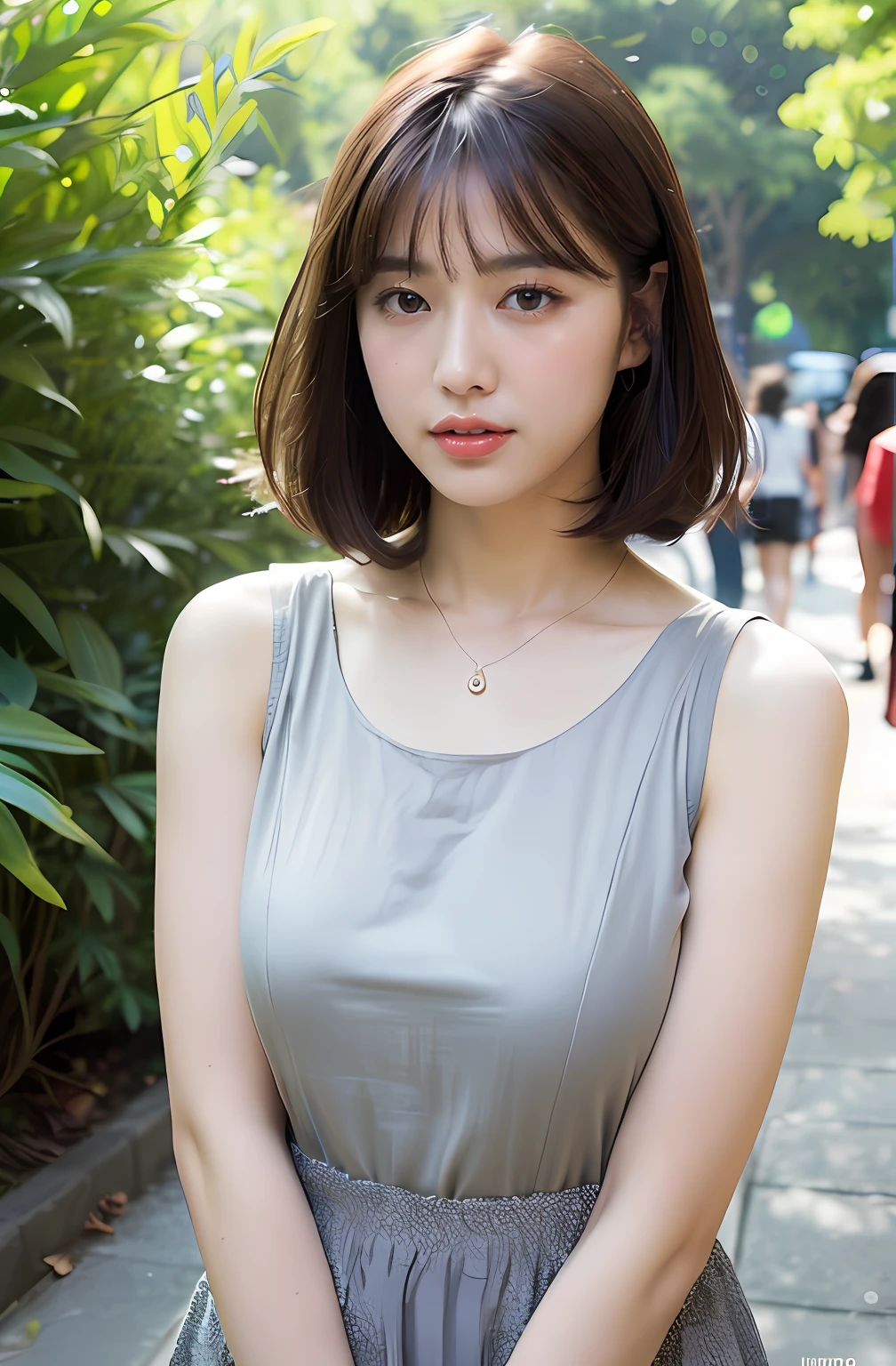 ((8K:1.27)、top-quality、masterpiece、超A high resolution:1.2)Photo Beautiful Japan woman(pleasing:1.1) Elegance、There is a good、Gradient lighting、1girl in、Delicate skin、SLR、Look here、Brown-eyed、(short hair with bangs:1.2)、(breasts are large:1.0)、(medium areola:0.8)、(realisitic:1.4)、(top-quality:1.0)、(超A high resolution:1.0)、8K、Raw photography、(masterpiece:0.2)、(pureerosface_v1:0.5)、Sleeveless hem flare address、Brown clothes、Kamimei、Colossal tits、excited expressions、Red cheeks、want me、Staring at this、Morning park、large breast bulge、Leaning against a large tree、erect through、Brightness of streetlights、total darkness、subject、look down from above、Lean、、Watched、a necklace、The morning sun is dazzling、