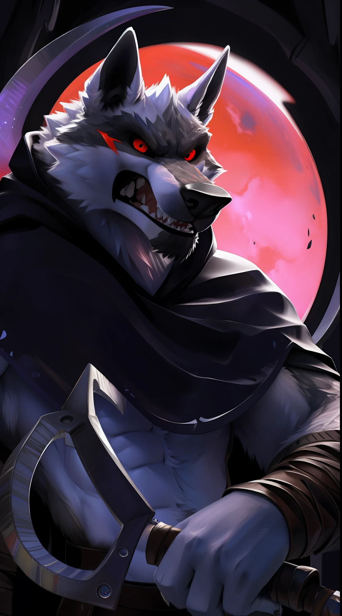 deathwolf, 1boy, solo, colored sclera, red eyes, furry, big long black old torn cloak, put on a black hood, ( no ears:1), white fur, face close up shot, anthro, (frown:1.2), (angry:1.5), (opened wide eye:1.5), sickle, (looking forwards:1.5) , male, muscular, tall, muscular anthro, muscular male, aged up, hi res, 8k hd, extreme detail, detailed background, dark cave, red sky, bright big moon, by Pino Daeni, (by ruaidri), by virtyalfobo