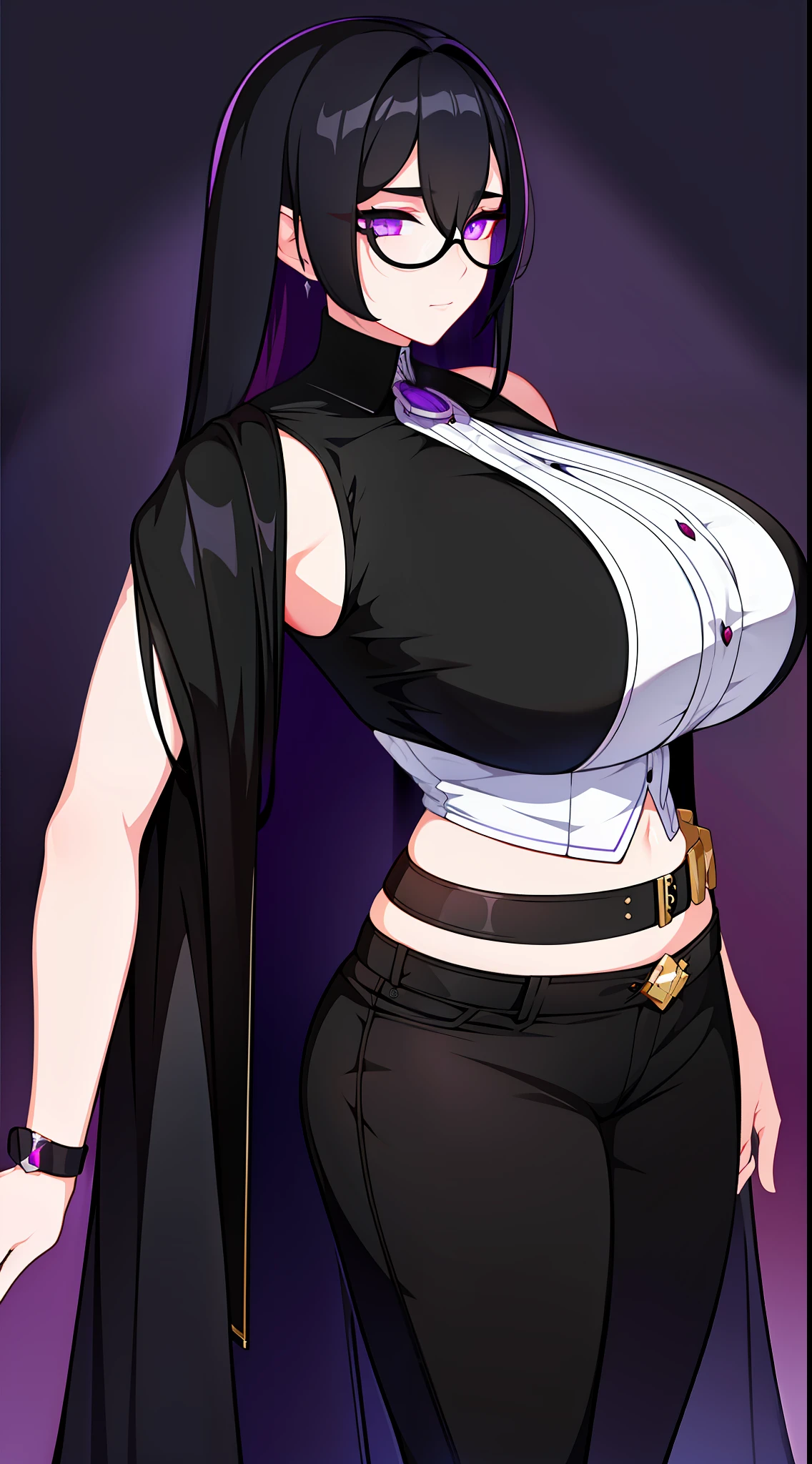 young girl, Long black hair, violet eyes, eyeglasses, Black sleeveless shirt, Huge-breasts, pants, fuel oil, An overly curious person, Masterpiece, hiquality