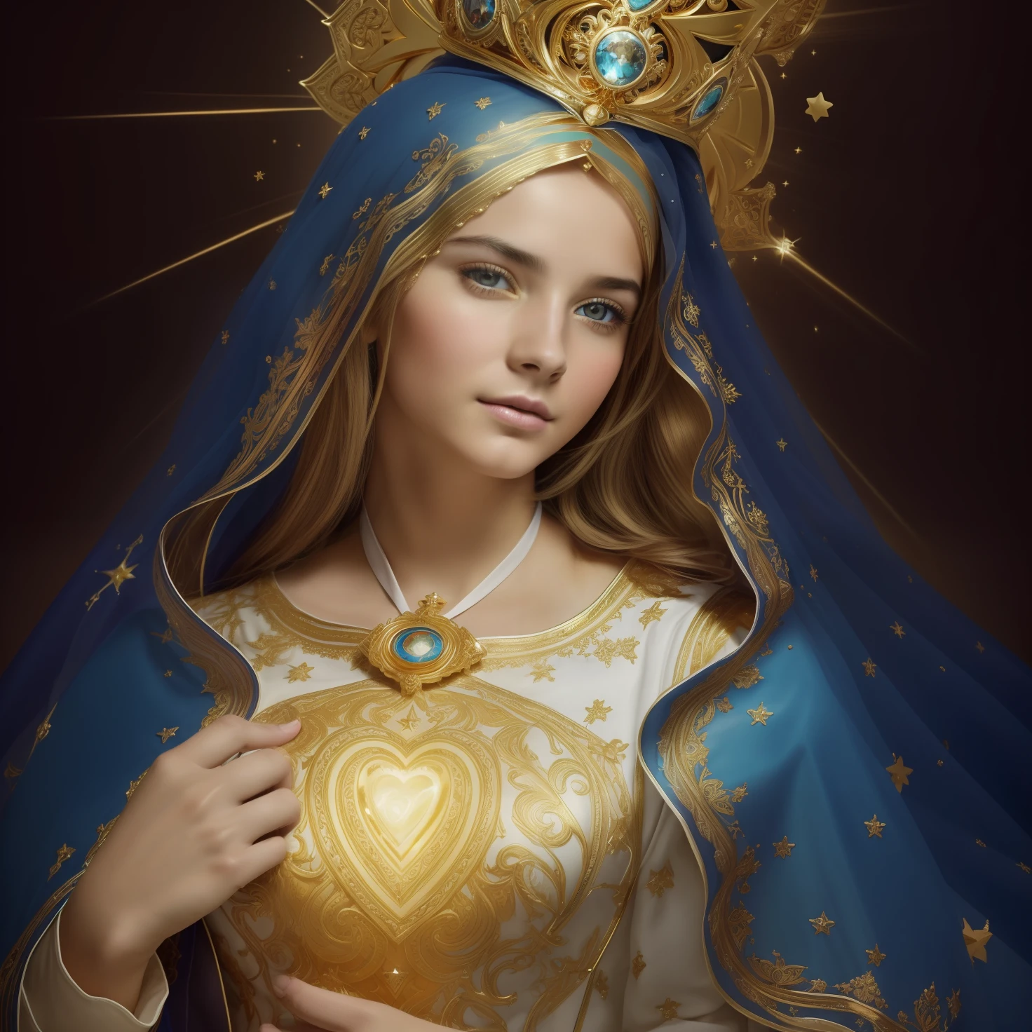 ((Blessed Virgin Mary. 19 years old))) ((( Con una cara seria y piadosa. Con una mirada dulce y tierna))) (obra maestra, calidad superior, mejor calidad, arte oficial, beautiful and aesthetic: 1.2), (1girl), extremadamente detallado, (Arte fractal: 1.3), colorido, highest detailed, Cara perfecta, parte superior del cuerpo, HDR, (orando: 1.3), (golden lines of white coat: 1.2), galaxia, (rayas de luz), eye-catching visuals, (dynamic stripes, senderos luminosos: 1.2), colores vibrantes,