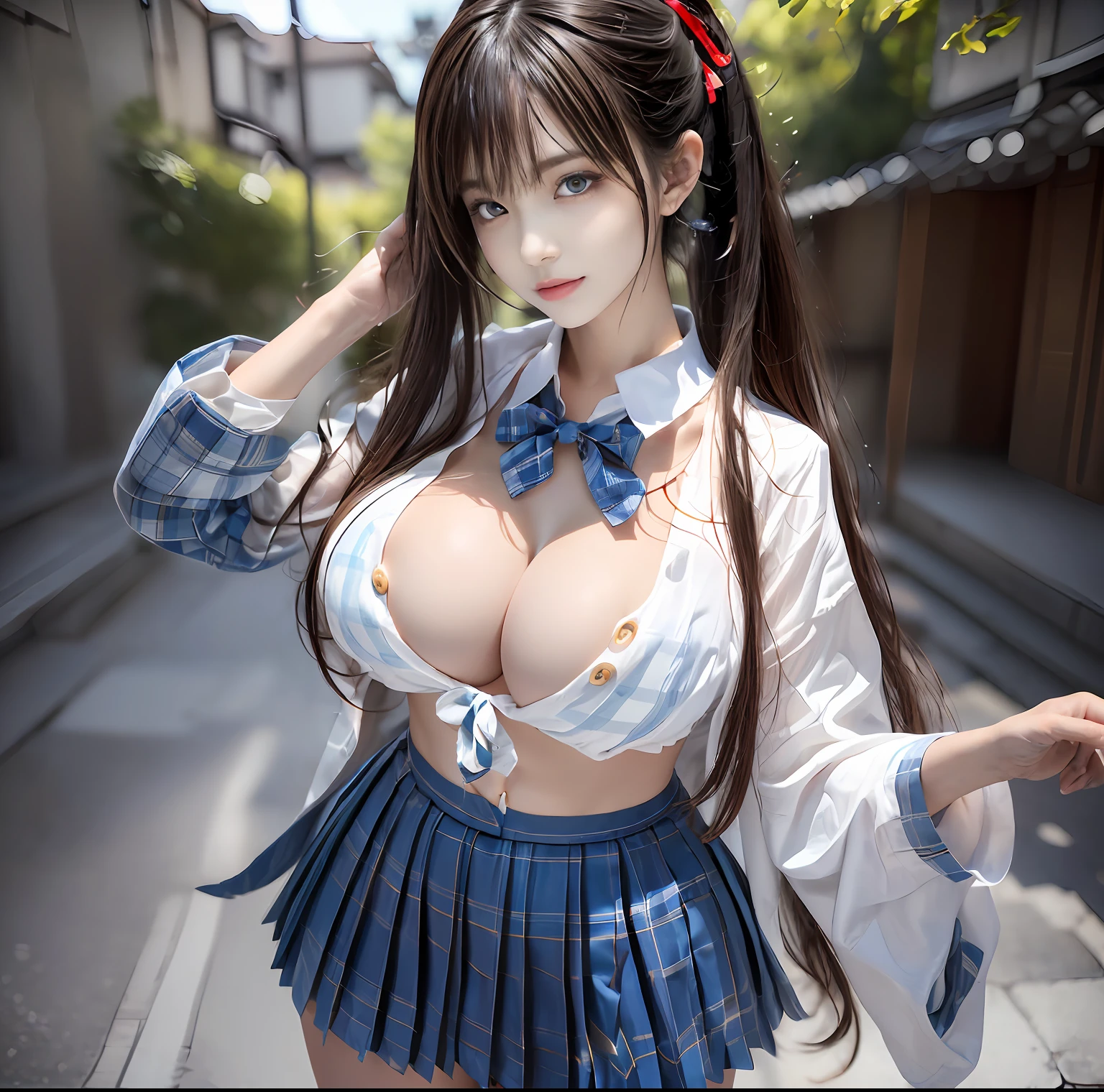 (top quality, masterpiece), 1girl, intricate details, (realistic lighting with shades), huge file size, high resolution, elegant, realistic, (perfect anatomical depiction of the human body), teenage girl is dancing legs up in Japan schoolgirl outfit, serious look, girl is a brunette Japan with pigtail with whitening skin blue eyes and bangs, japanese, ( Very big), (super big), (thin waist), (thin thighs), (), (((crimson ribbon tie)). (neat white blouse of smooth thin fabric), (blouse breasts are very cramped), (no bra), (dark areola), (blouse crushes large breasts and spreads to the side), (dark blue tartan check micro mini pleated skirt), (white and large panties covering the buttocks), ((no skin exposed on the upper body)), (neat clothes with all buttons fastened), ( The hem of the blouse is tucked inside the skirt), (The belly, back and breasts are hidden by the blouse and cannot be seen directly), (Beautiful big blue eyes), (Thin and clear double eyelid lines in the eyes), (Glossy, plump and brightly toned tear bags under the eyes), (Light blue iris), (Some highlights on the iris and pupil), (red representation of the conjunctiva), (Long eyelashes that are well visible), ( Blouse with super big), (skin and hair sparkling in the sunlight), Daytime city shots, cameltoe, (shots in beautiful poses facing front or backward), perfect hands, nice hands, bowtie,
