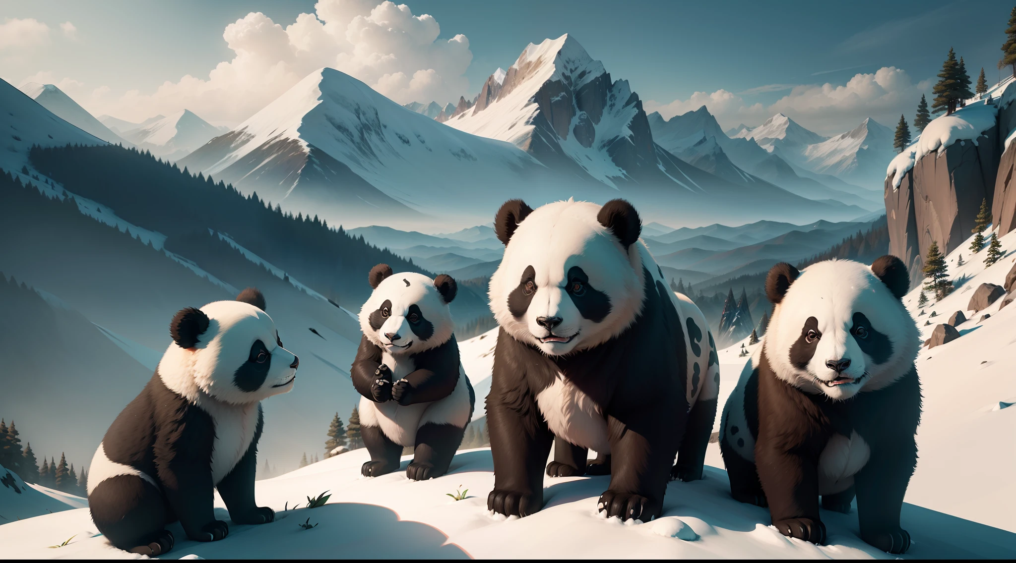 A group of pandas stand on top of a mountain and look into the distance,Complicated details,Detailed picture,Cinema lenses,Promotional video images,high-quality wallpaper。