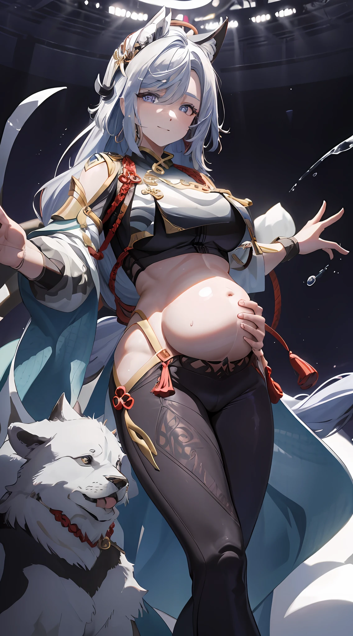 TakaRi, 独奏, 1girll, whaite hair, long whitr hair, Purple eye, ssmile, standing on your feet, dynamicposes, 8K, tmasterpiece, best qualtiy, absurderes, Perfect anatomy, cinmatic lighting, cowboy lens, (Police uniform:1.1), trouser,Pregnant belly,Pregnant belly,Cover the pain in your stomach