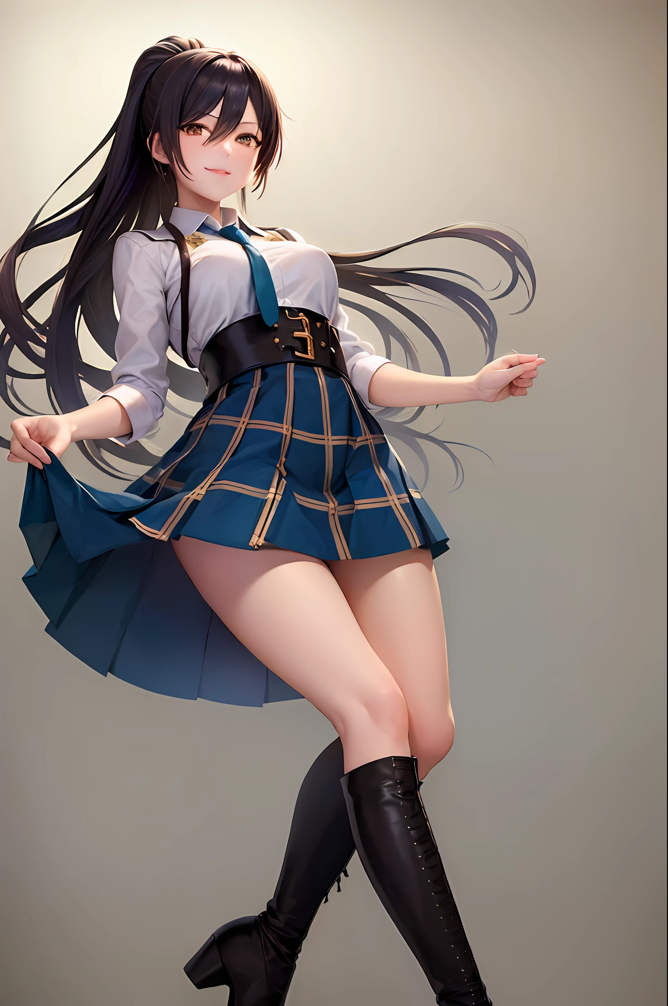 (​masterpiece、top-quality:1.2), cowboy  shot, 独奏, 1girl in, shirase sakuya, A smile, Look at viewers, High Ponytail, student clothes, shirt with collar, neck tie, skirt by the、black leather thigh boots、high-heels、tall、leggy、thighs thighs thighs thighs、fullbody image、tall、Absolute area、High heel、micromini skirt、frontage、