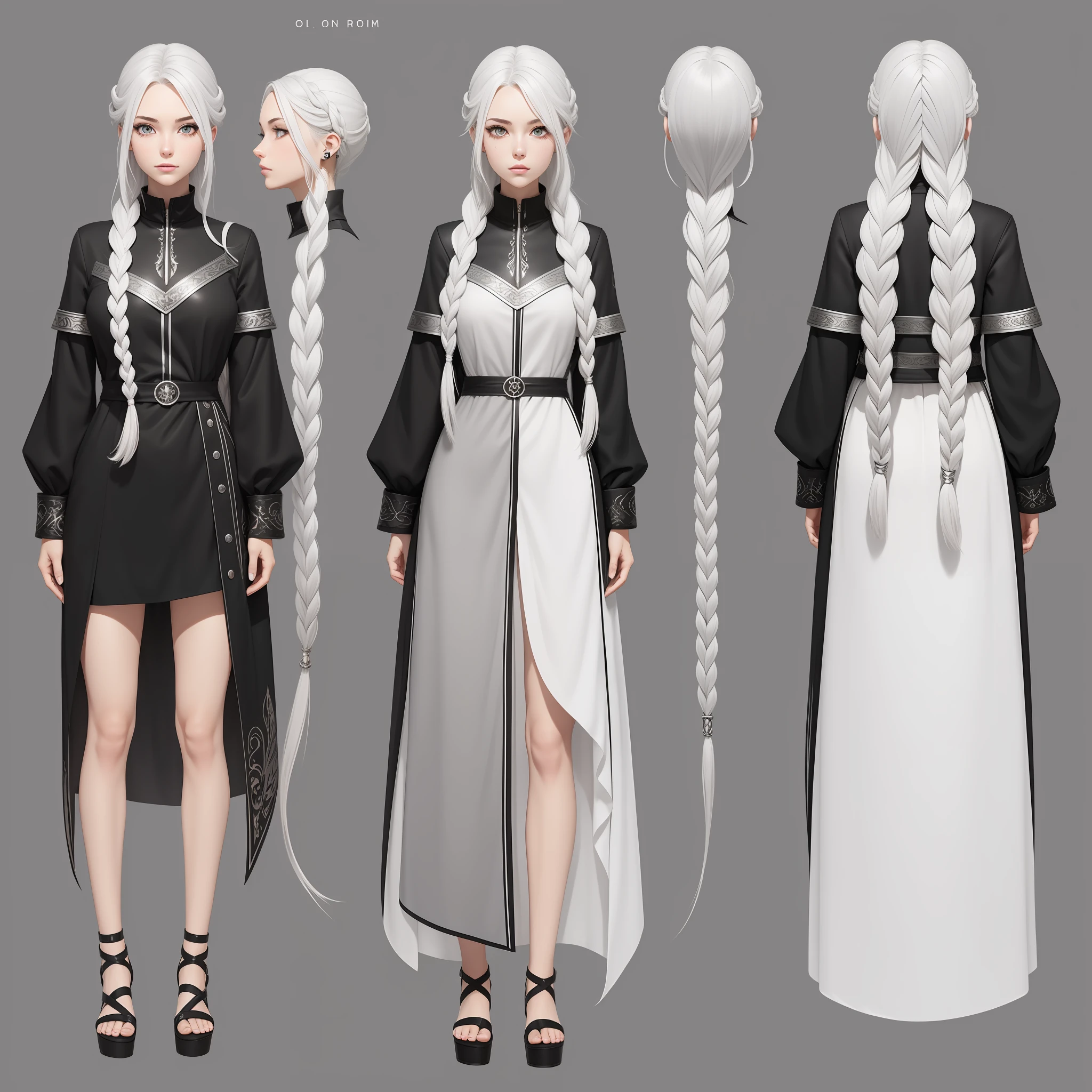 Character design sheet, same character, on front, from on the side, At the back. Tall European girl 23 years old. white colored hair, braided into a tail and closes one eye, and gray eyes. Black and silver clothing. Silver elements and jewelry
