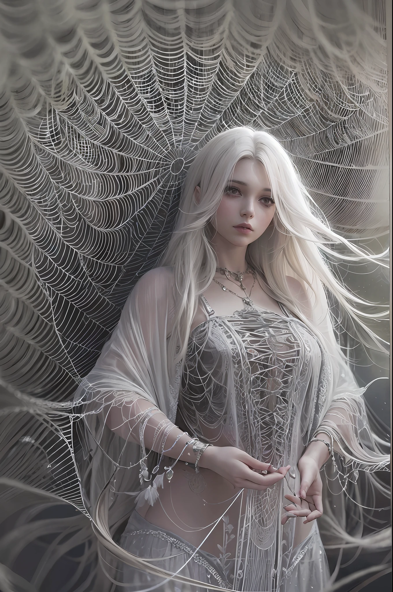 1girll,Solo,(White long hair),offcial art,Unity 8k wallpaper,Ultra detailed,Beautiful and aesthetic,Best quality,Realistic,(zentangle, mandalas, Tangled, entangle),(Fractal art:1.3),(The ecstasy of silk:1.2),(spiderwebs:1.4),chain,Extremely detailed,Dynamic Angle,Epic composition,The most beautiful form of chaos,elegant,Fauvistdesign,vivd colour,romanticism lain,Weathered gray fog,