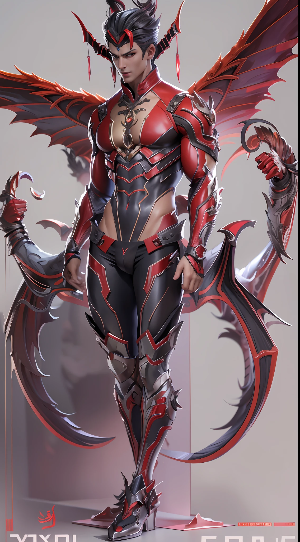 Sculpture design,Figures,GK model,The whole body of the character,Handsome demon,satan,sexy for,Stroke the chest,Wings,Handsome,Expose muscles,base,Wu Yifan,Handsome cybernetic boy looking at camera lingerie detailed muscular reality masterpiece,musculous