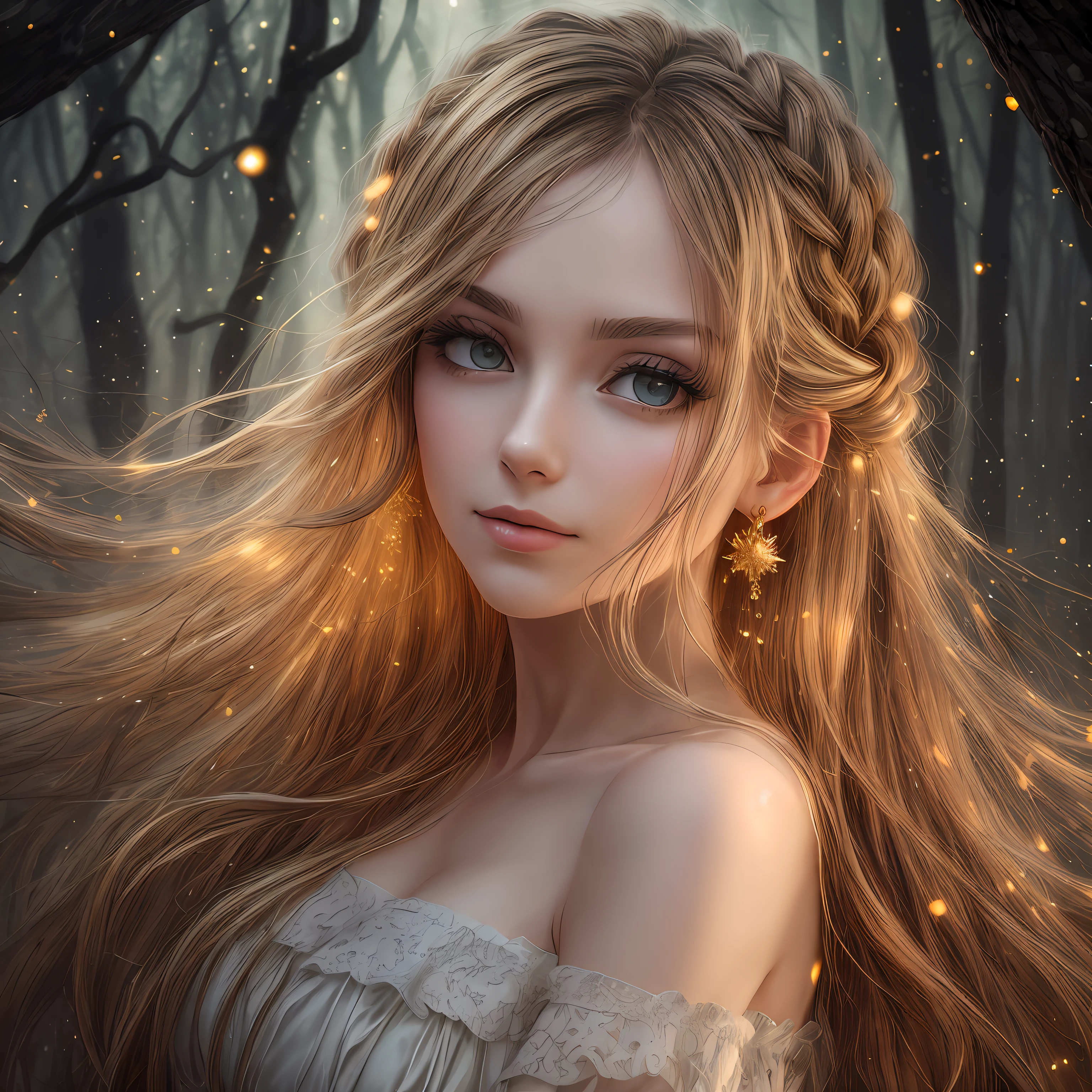 best quality, masterpiece, upper body,
(adult:1.6) hungarian woman, (smirk:0.4), arms behind head,
braided golden hair,
sparkling eyes,
victorian sundress,
floating light particles, centered, surrounding by fog, in the dark forest,