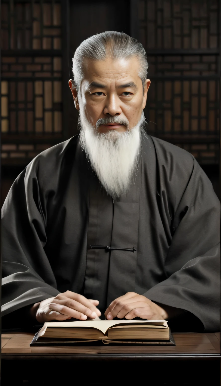 A man sits at a table holding a close-up of a book, inspired by Wu Daozi, Taoist master, inspired by Li Shan, riichi ueshiba, Taoist, inspired by Li Shixing, inspired by Li Zai, ueshiba riichi, Inspired by Cao Zhibai, Inspired by Hu Zaobin, zhang daqian