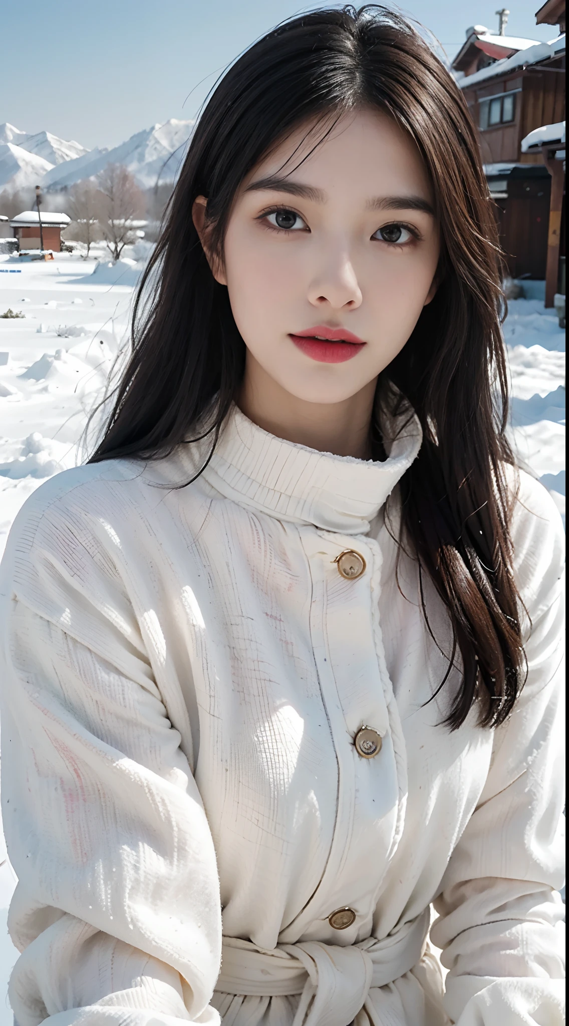 Photorealistic, high resolution, 1womanl, Solo, view the viewer, (Detailed face), Colorful winter clothes, Snow