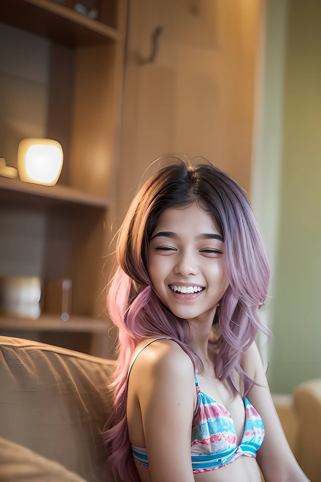 Indian girl wearing pastel color bikini in living room laughing, nighttime, 20 years old, cute, petite body, small breast, small chest, flat chest, detail skin, detail skin texture, bright lighting, looking at viewer,