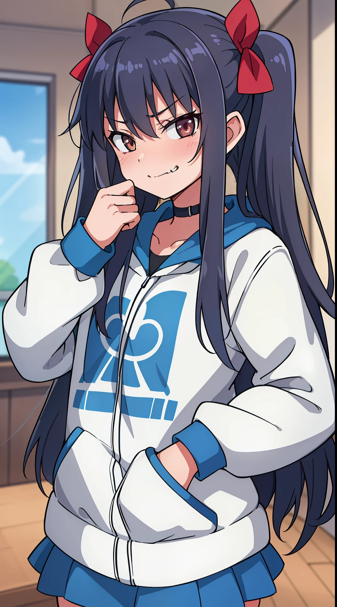 hiquality, tmasterpiece (One teenage girl, Blogger - Стример) cute face, A smirk with a fang on his face, dark smooth hair with two ponytails and a hair band. Brown eyes – color, Youth jacket. In the background of the room.