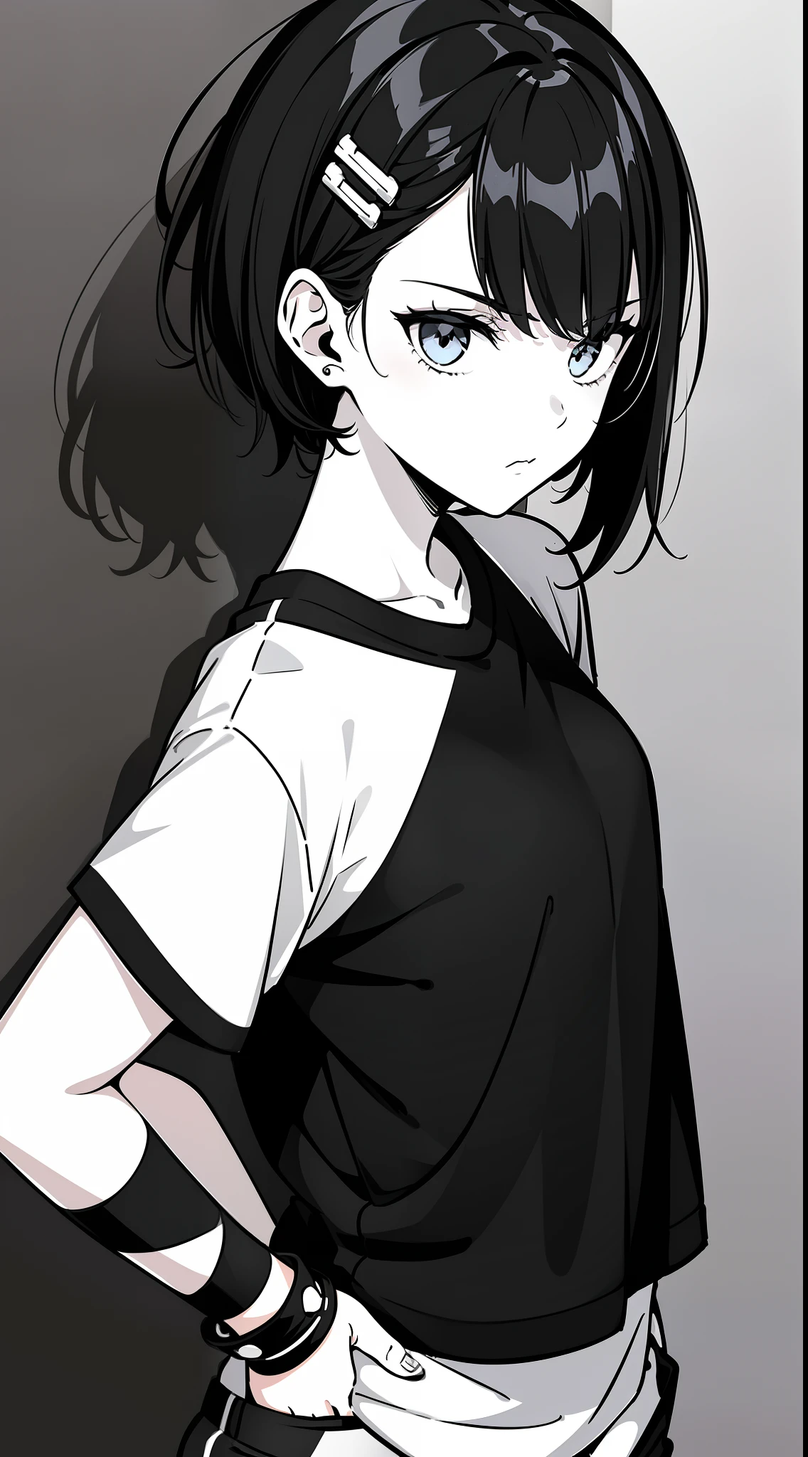 girl, side portrait, black and white, messy short hair, edgy accessories,sporty style, casual t-shirt, confident gaze, monochrome color scheme, looking to the side, chic street fashion, casual hands in pockets pose,head,((a person)),Hairpin