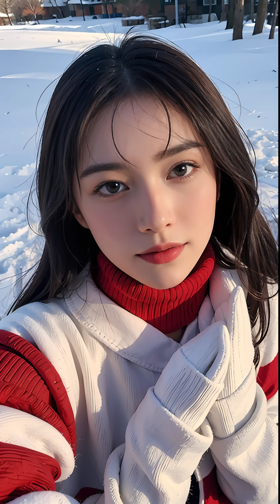 Photorealistic, high resolution, 1womanl, Solo, view the viewer, (Detailed face), Colorful winter clothes, Snow