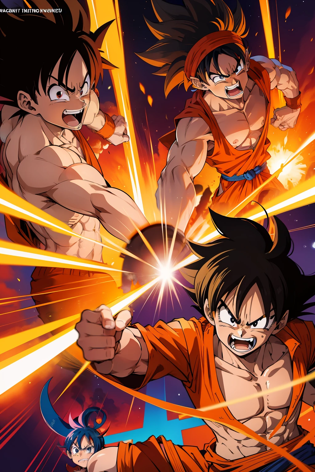 dragon balls, onepiece, Goku and Luffy fight together with their friends in a new fusion technique「Gomugomukai Wangken」Produces