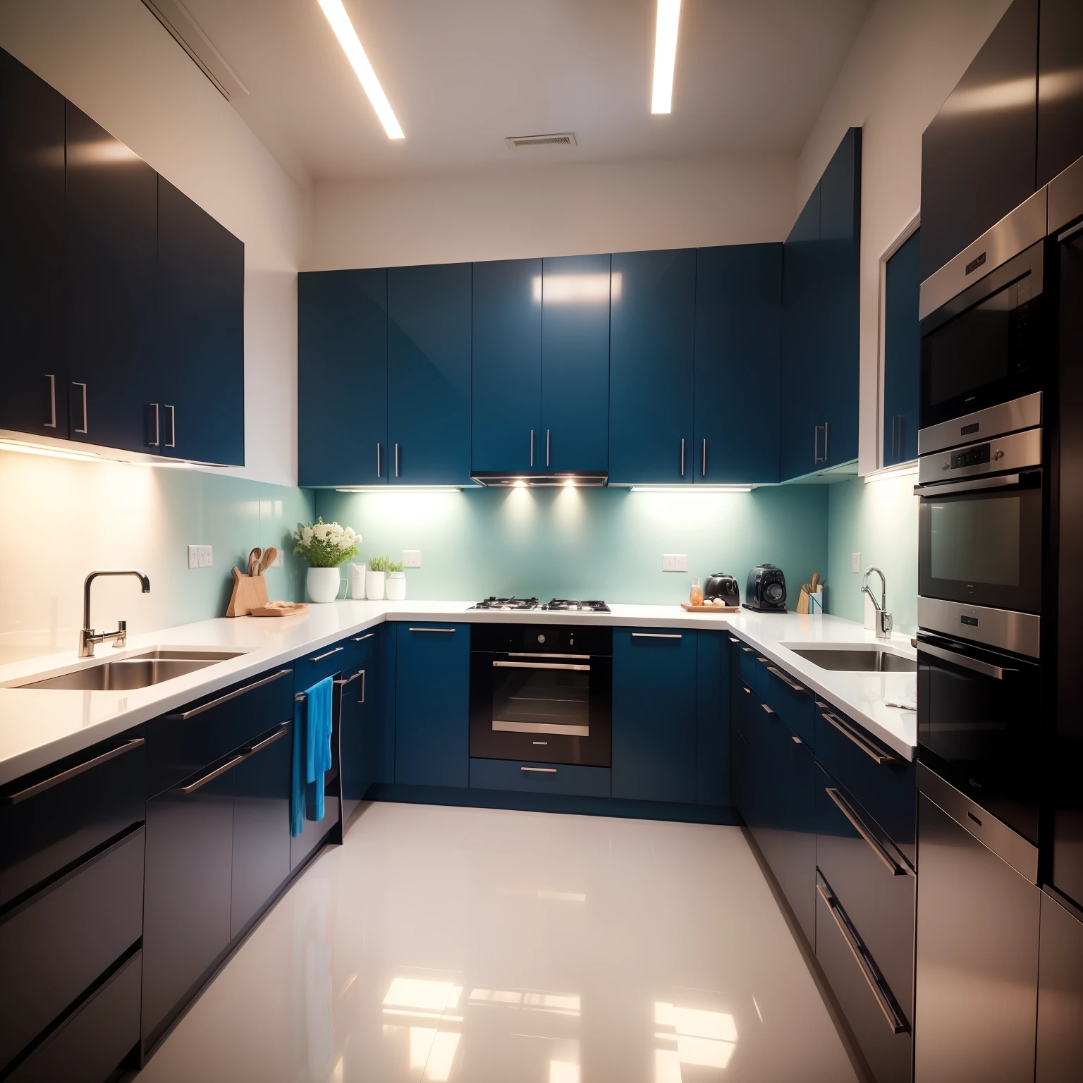 cozinha, Design Criativo, bespoke furniture in MDF azul secreto essencial. ultra qualidade, melhor qualidade, 4k, creative and functional kitchen cabinet, minimalismo, estilo luxo, Marmore Bench, ilustre, Uplighting, moderno.