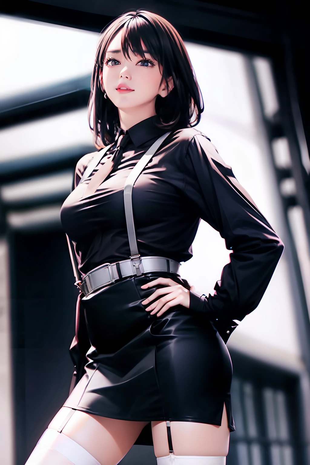 a belt suspenders officeworker Black miniskirt Black garter Black stockings neck tie White Cutter Shirt Black stockings Brown hair Gray eyes black suits holster bobby Cuffed huge tit