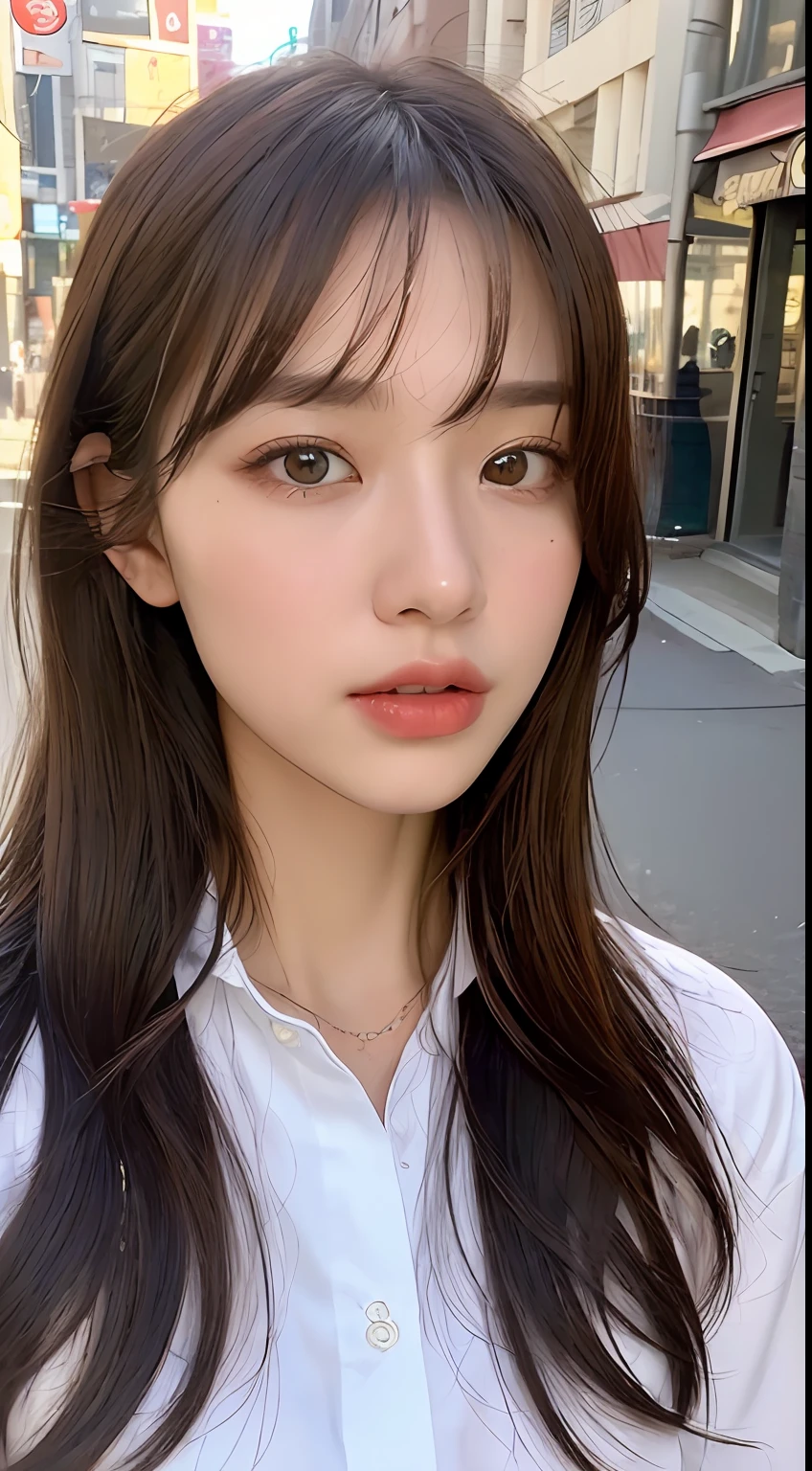 ((Best quality, 8k, Masterpiece :1.3)), Sharp focus :1.2, A pretty woman with perfect figure :1.4, Slender abs :1.2, ((Dark brown hair, Big breasts :1.2)), (White button up long shirt :1.1), City street:1.2, Highly detailed face and skin texture, Detailed eyes, Double eyelid