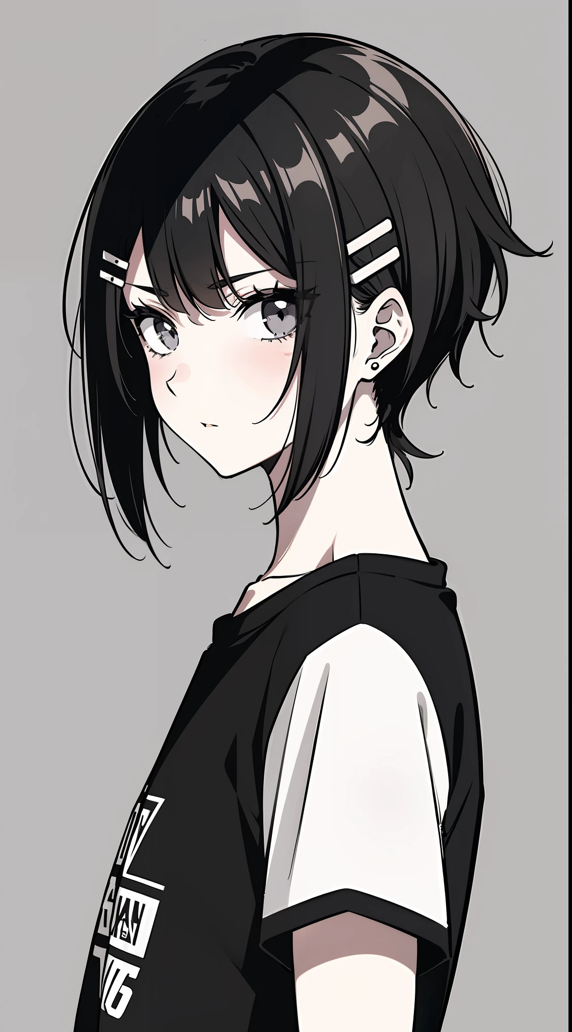 girl, side portrait, black and white, messy short hair, edgy accessories,sporty style, casual t-shirt, confident gaze, monochrome color scheme, looking to the side, chic street fashion, casual hands in pockets pose,head,((a person)),Hairpin